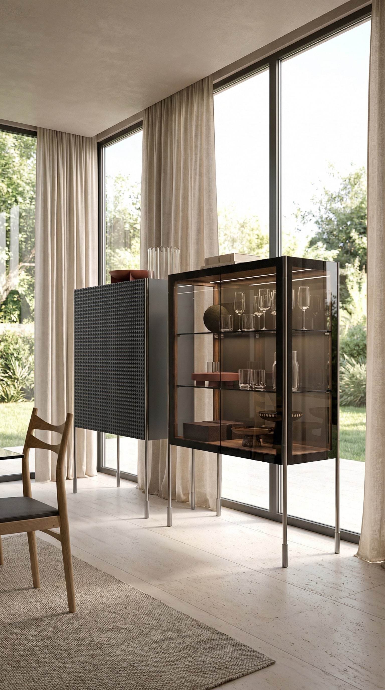 Zwart highboard gecombineerd met een elegante glazen vitrine in een lichte ruimte