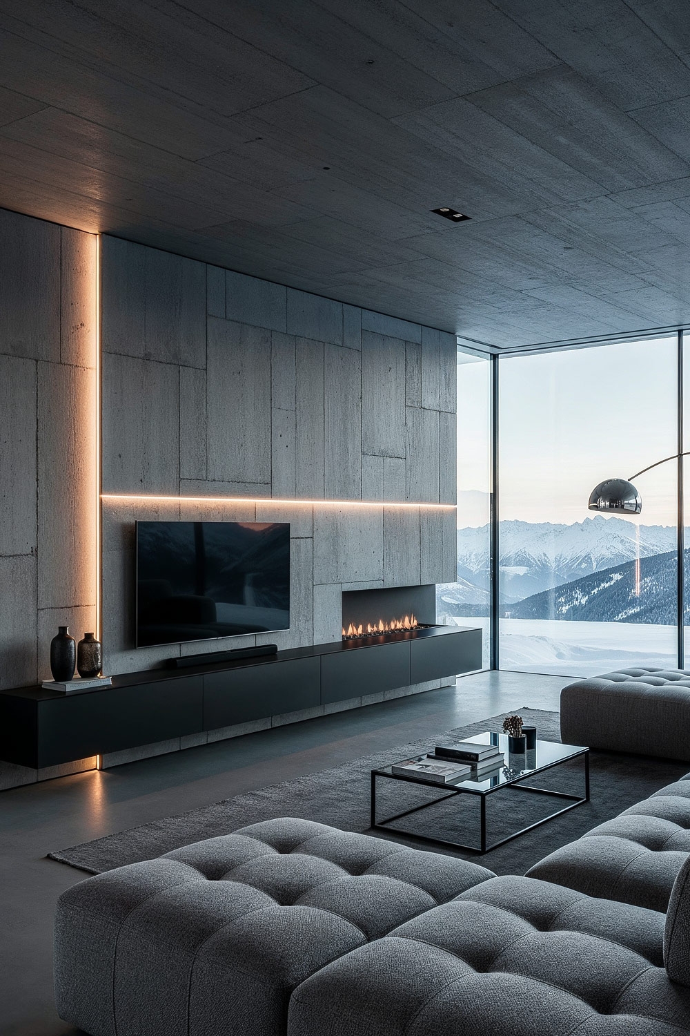 minimalistisch-en-comfortabel-ingerichte-woonkamer-met-zwart-dressoir-en-grijs-gestoffeerde-bank