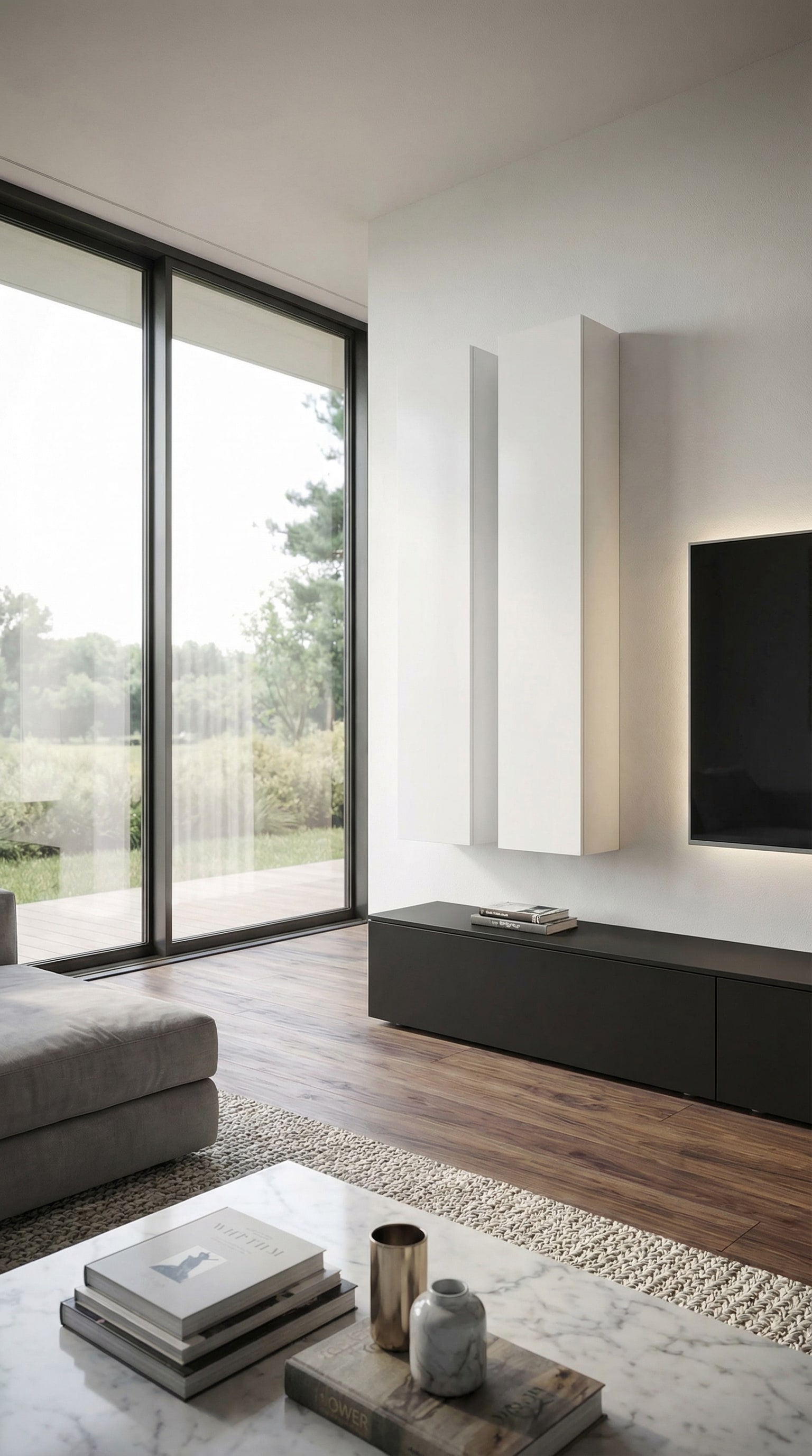 Volledig wandhangende Livitalia Woonwand C106 in een minimalistische woonkamer