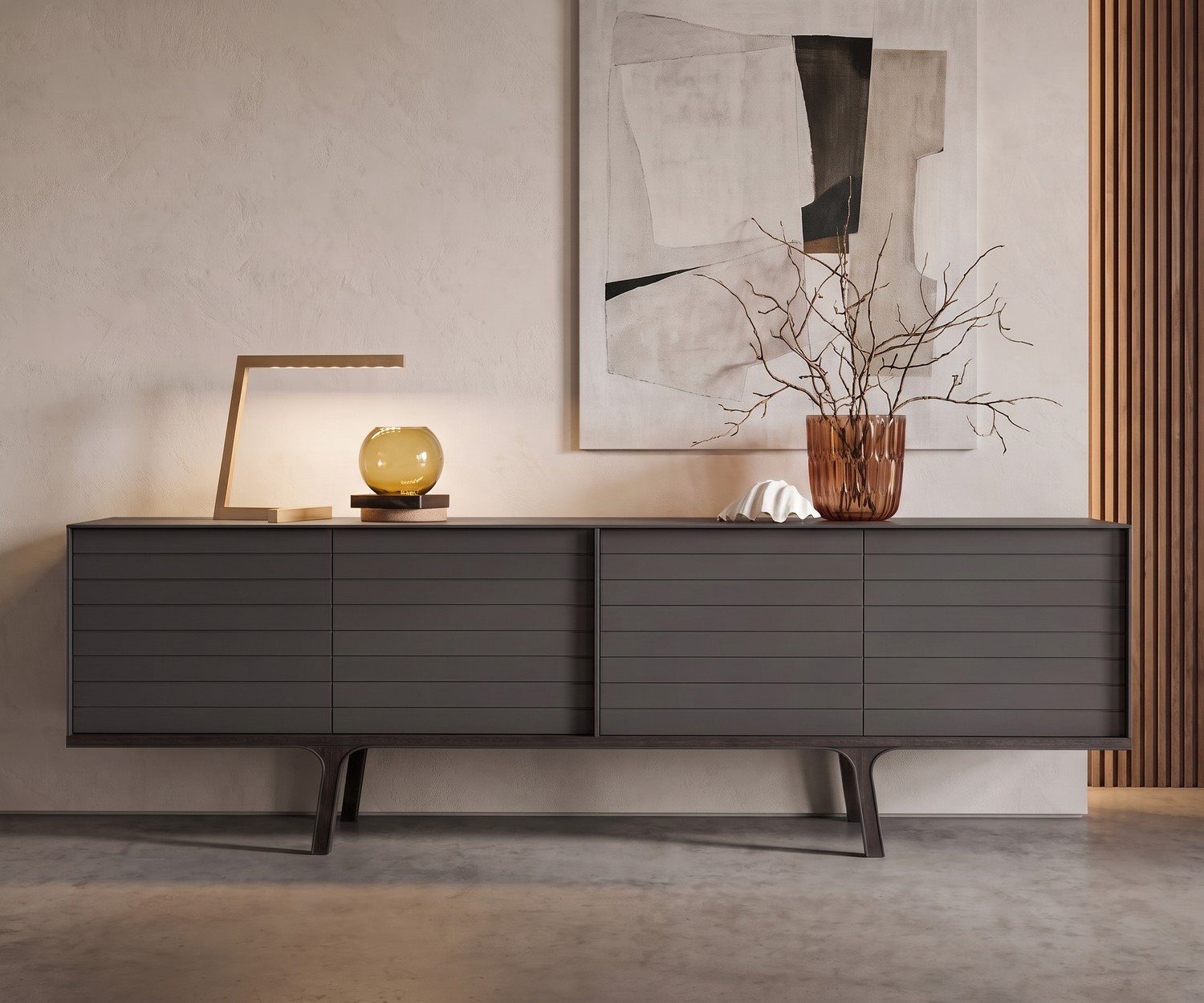 al2 Mobius 002 dressoir voor de woonkamer in mat donkergrijs met houten poten, minimalistisch modern interieur.