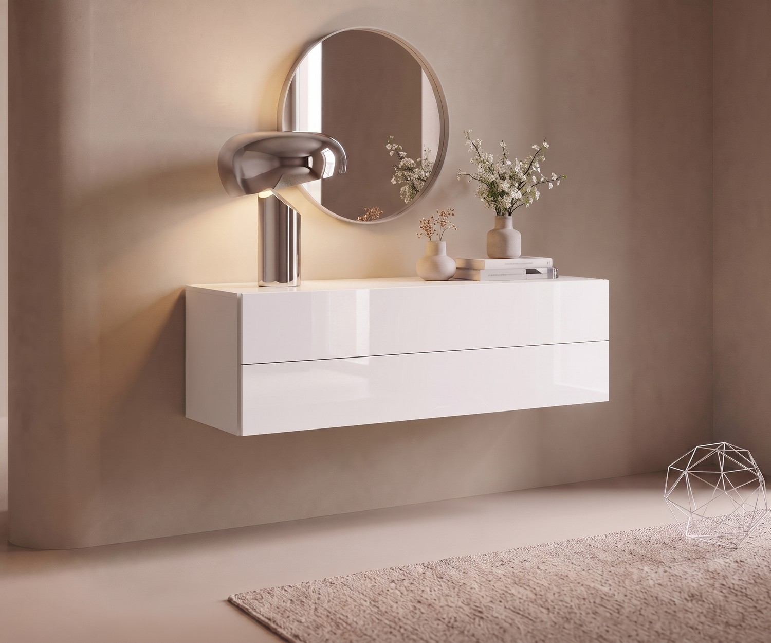 Novamobili Easy zwevend dressoir voor extra opbergruimte in de hal, wit hoogglans, modern design met ronde spiegel.