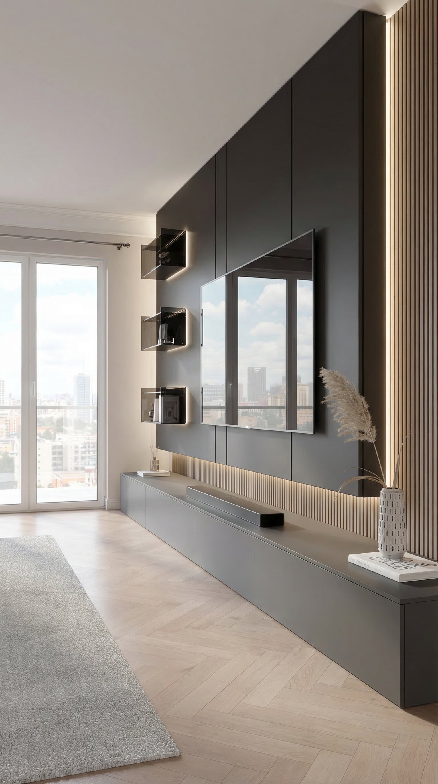 Een luxueuze, donkere tv-wandmeubel met LED-achtergrondverlichting, houten lamellen en perfect geïntegreerde televisie zonder zichtbare kabels. Een luxueuze, donkere tv-wandmeubel met LED-achtergrondverlichting, houten lamellen en perfect geïntegreerde televisie zonder zichtbare kabels.