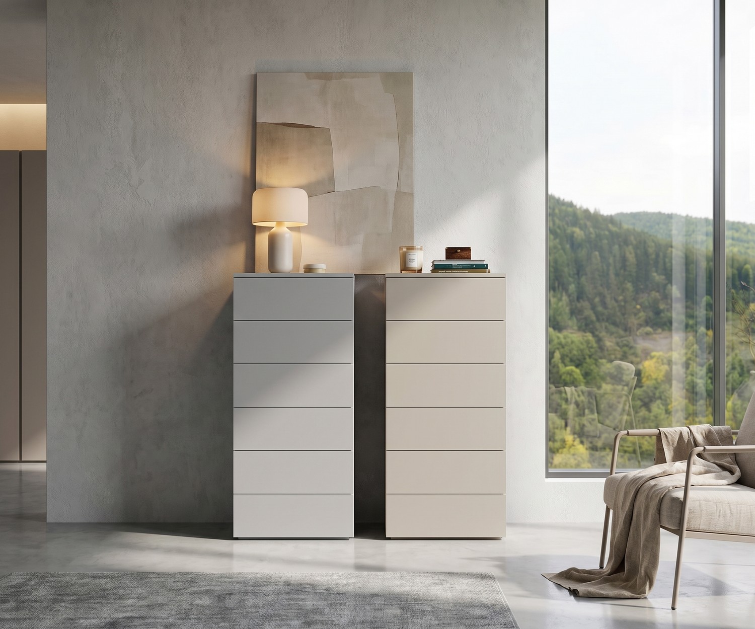 Livitalia Atena minimalistische hoge ladekast Livitalia Atena hoge ladekast voor de slaapkamer, minimalistische ladenkasten in wit en beige met 6 laden in modern design.