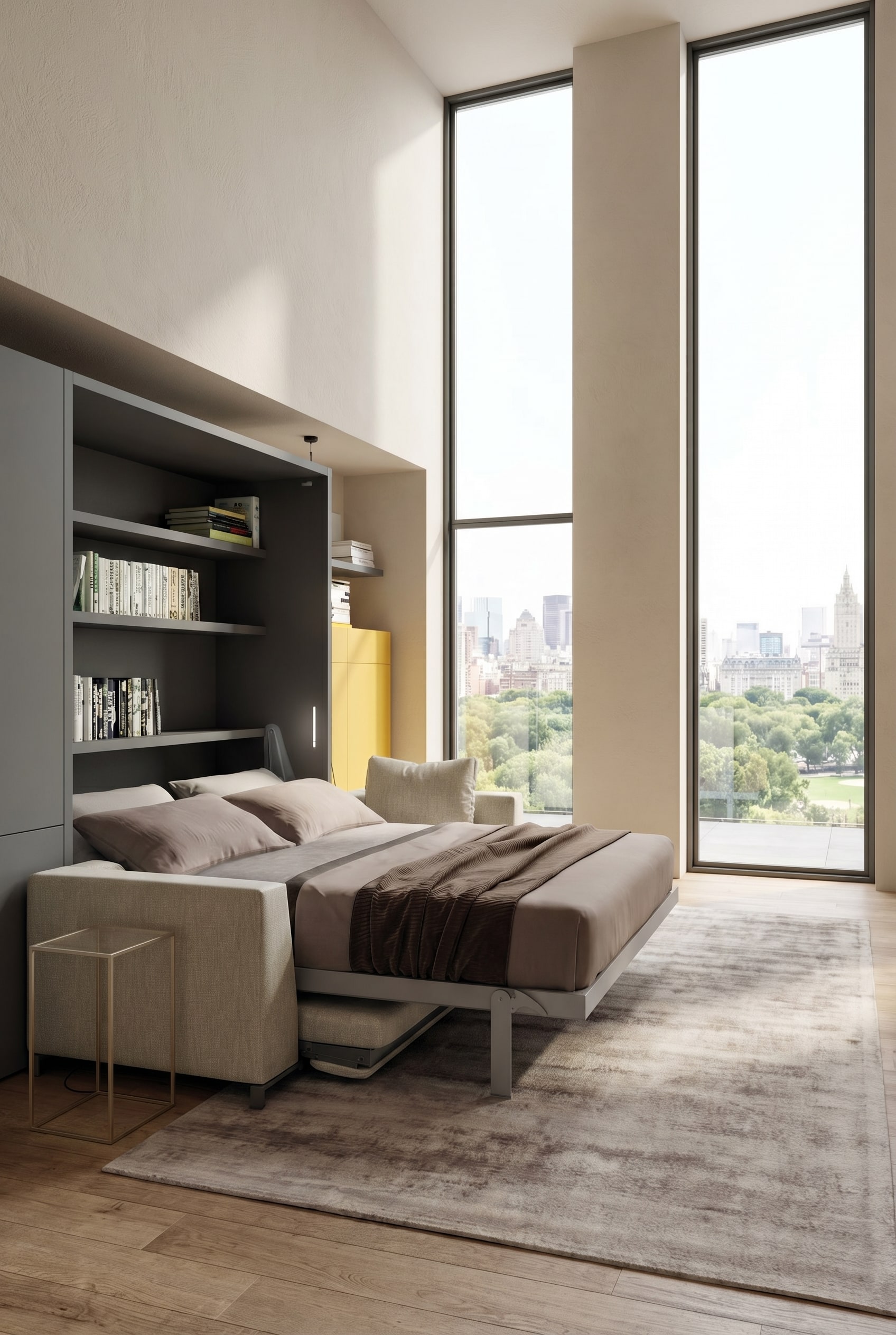 Een moderne woonkamer in Modern Italiaanse Luxe stijl met een uitgeklapt kastbed en ge&iuml;ntegreerde bank in lichte tinten.