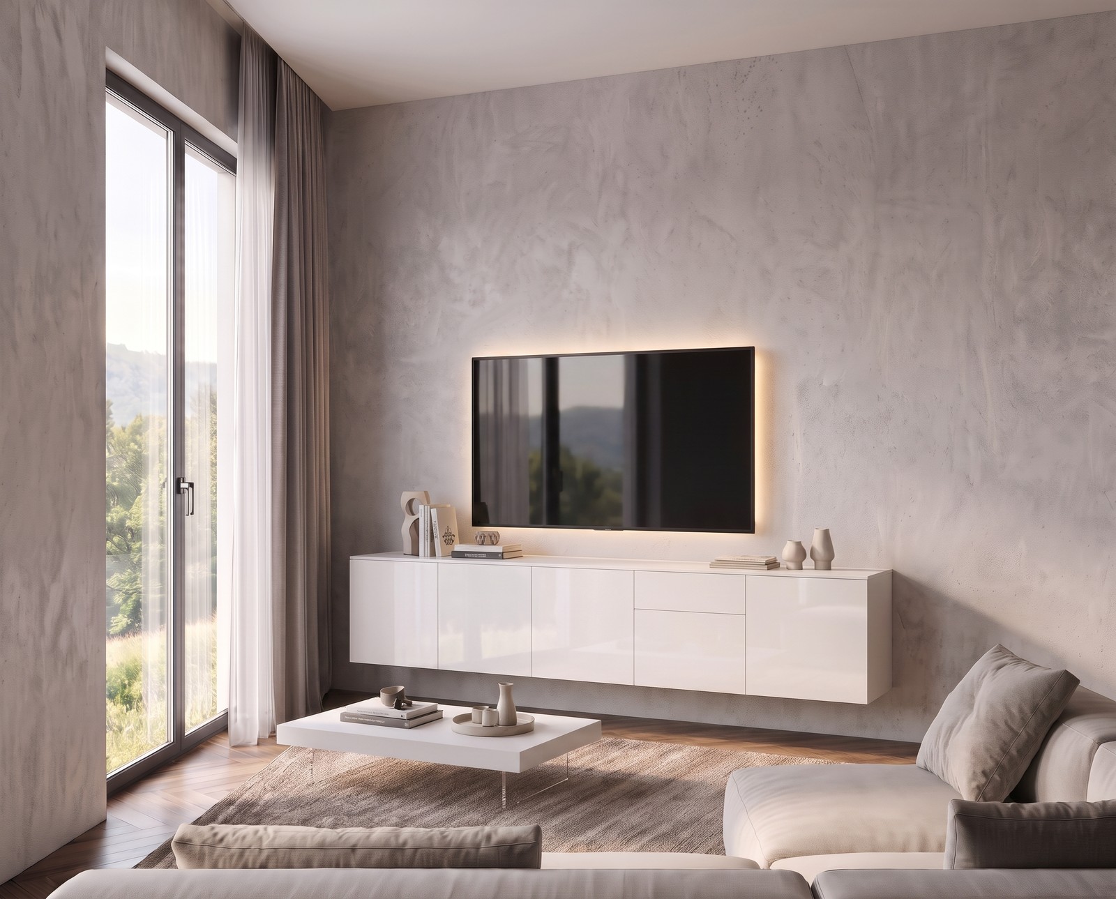 Seitenansicht des hängenden TV-Sideboards Spaziora in Weiß Hochglanz, B 300 cm