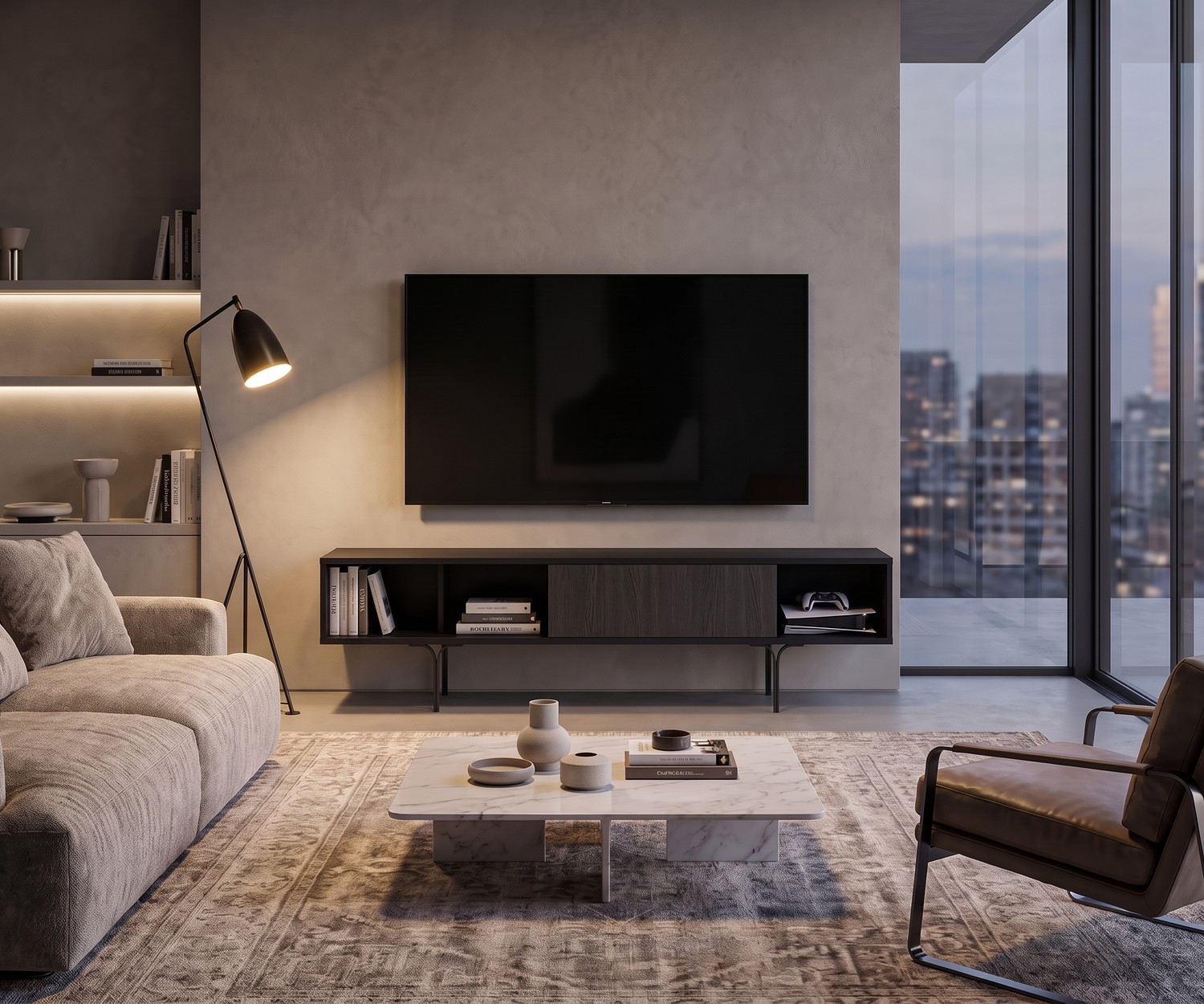 al2 Mobius 005 TV-lowboard in een moderne woonkamer, donkerhouten tv-meubel met elegante poten en open vakken.