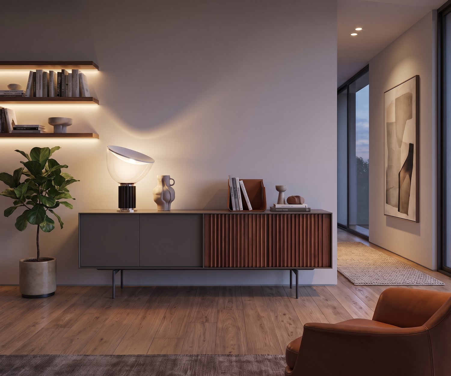al2 ka-bera 003 B dressoir in de woonkamer. Modern design dressoir in mat grijs en houten lamellen.