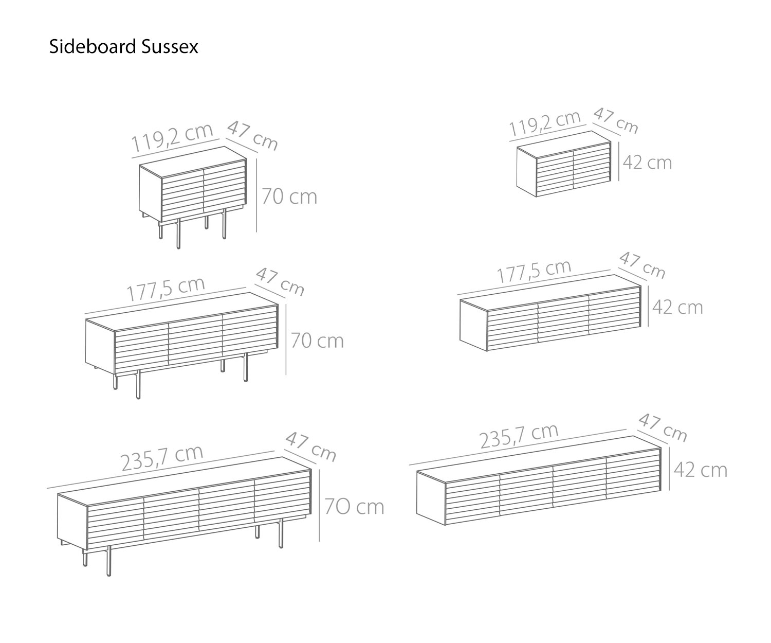 Design dressoir Sussex van Punt breedte 119 cm 177 cm 235 cm schetsafmetingen maten