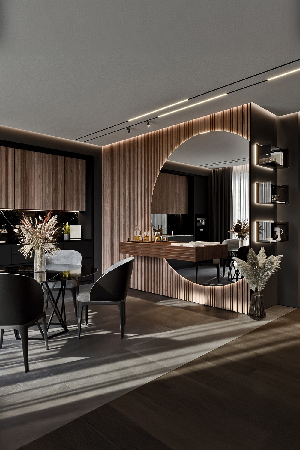 moderne-eetkamer-met-eettafel-eetkamerstoelen-commode-en-wandrek-van-verschillende-materialen