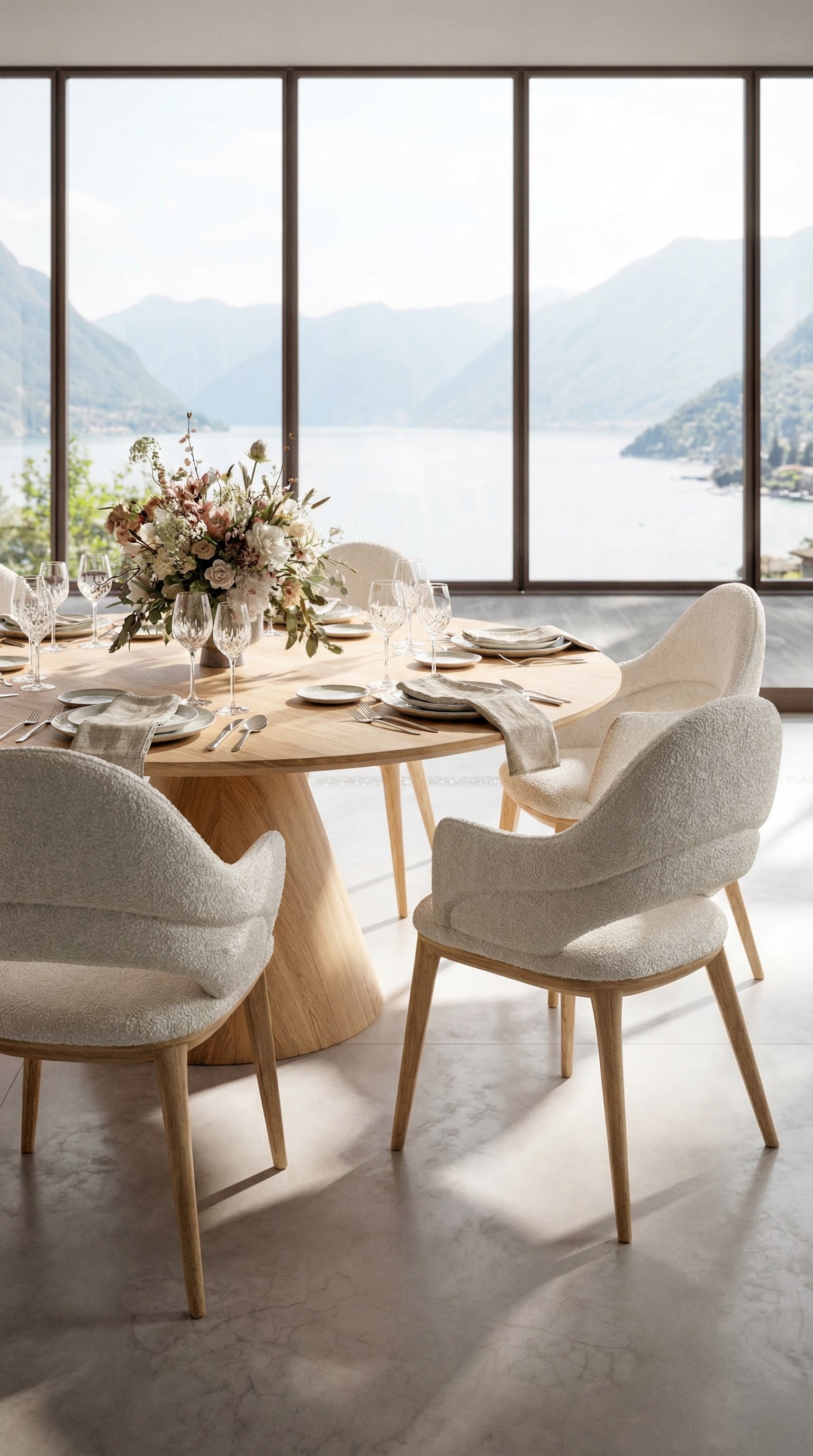 Ozzio gestoffeerde stoel Baia met bouclé stof aan een ronde houten tafel Ozzio gestoffeerde stoel Baia met bouclé stof aan een ronde houten tafel