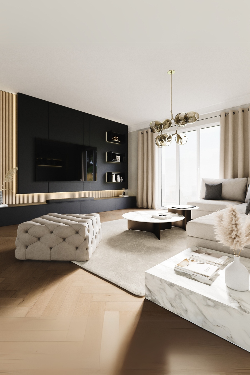 design-woonkamer-in-beige-en-grijs-met-bank-poef-salontafels-en-woonwand