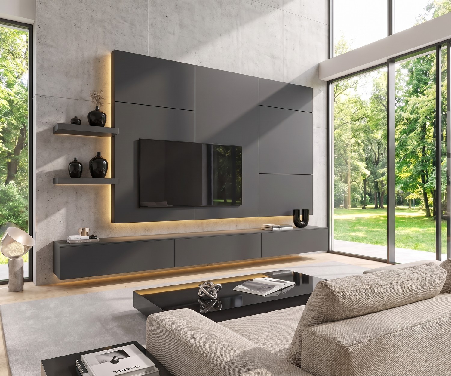 Livitalia C102 Zwevende TV-Meubelwand Livitalia C102 TV-meubel wand: Moderne meubelwand in antraciet met zwevend lowboard en led-verlichting in woonkamer.