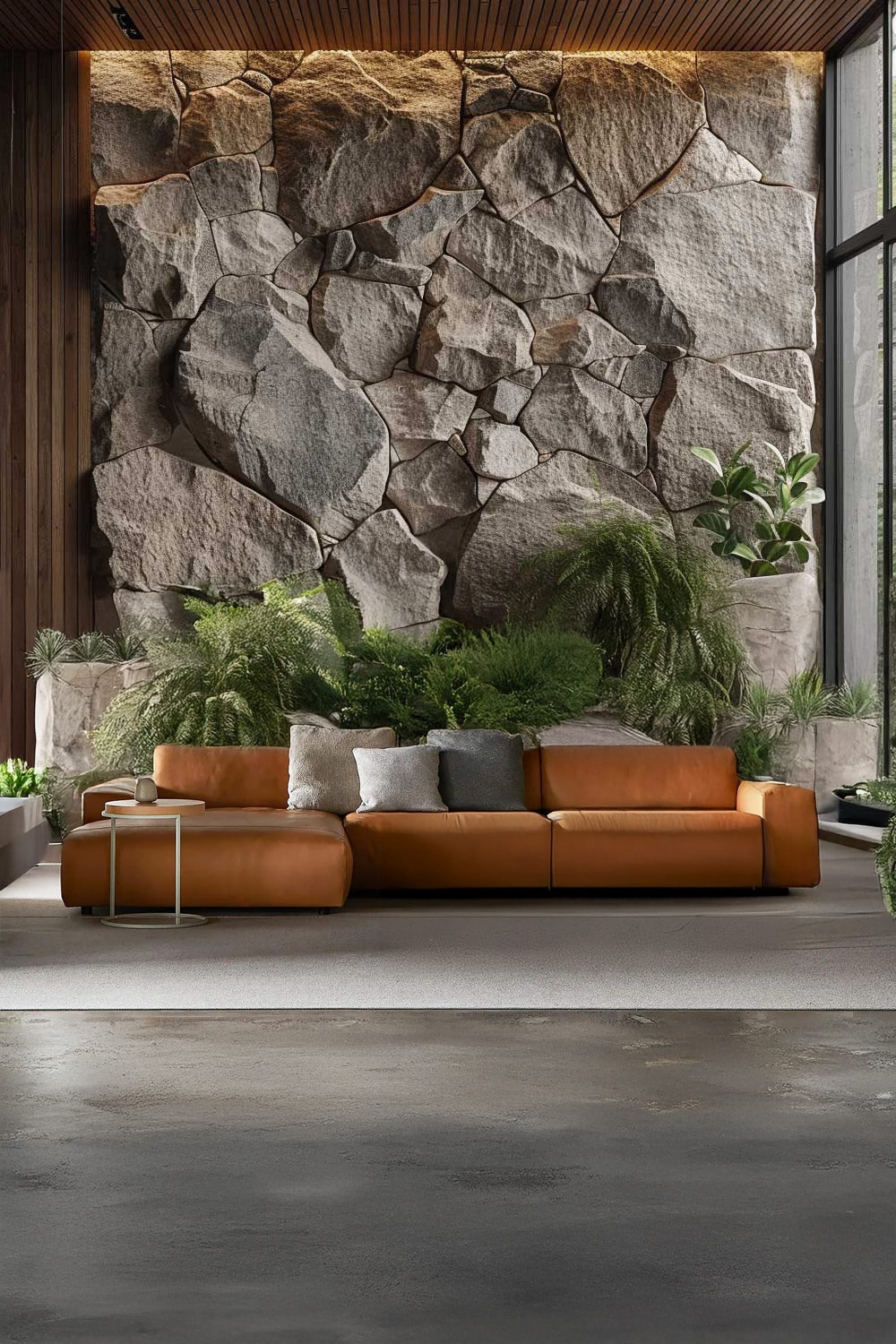 cognackleurige-lederen-bank-voor-een-muur-in-steenlook-met-groene-plantendetails