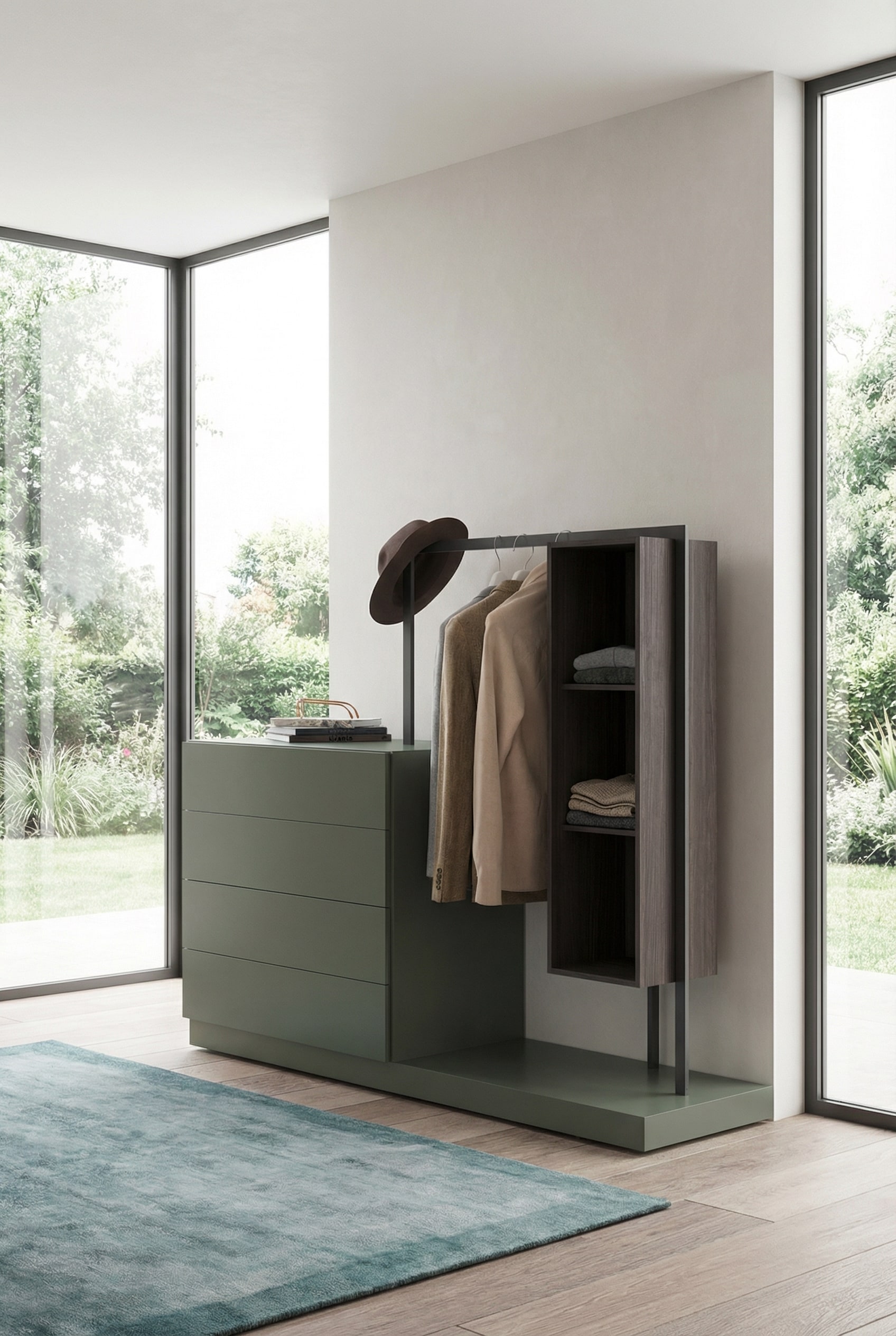 Novamobili Commode Easy 4 met geïntegreerde kledingkast in een open slaapkamerconcept. Novamobili Commode Easy 4 met geïntegreerde kledingkast in een open slaapkamerconcept.