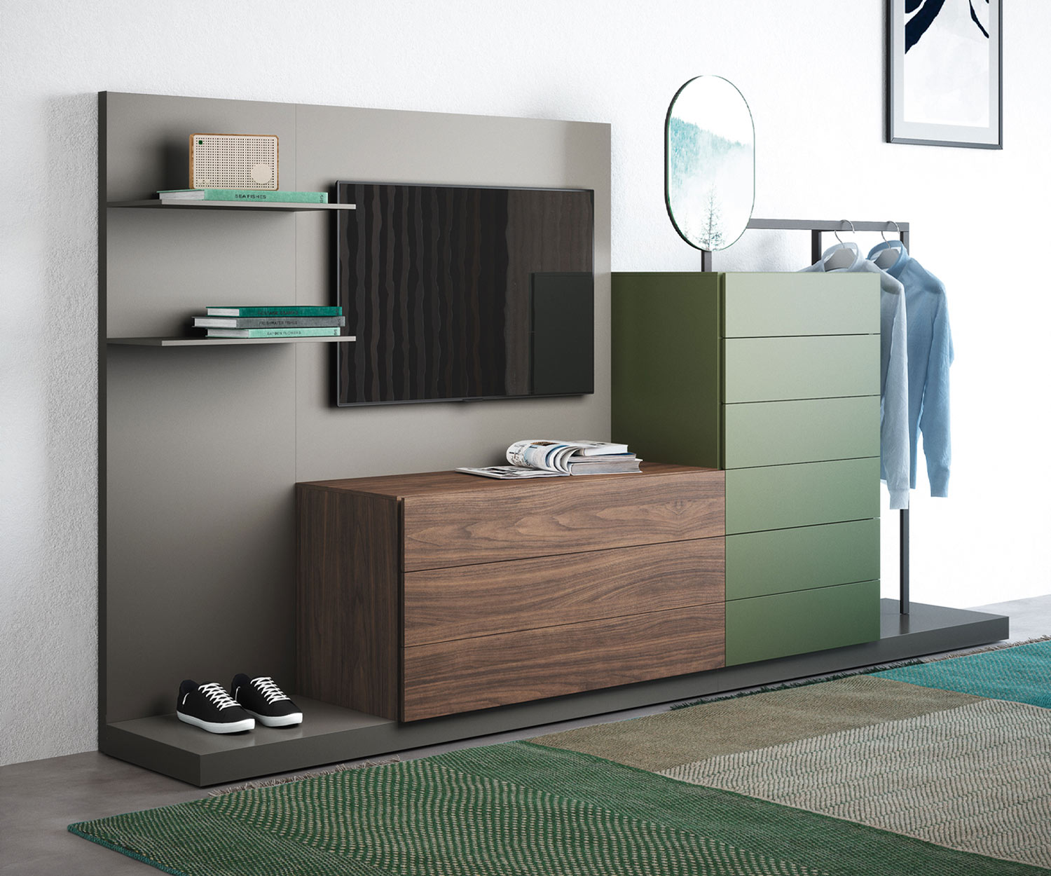 Exclusieve Easy 9 design ladekast met kledingkast en TV-paneel van Novamobili Exclusieve Easy 9 design ladekast met kledingkast en TV-paneel van Novamobili