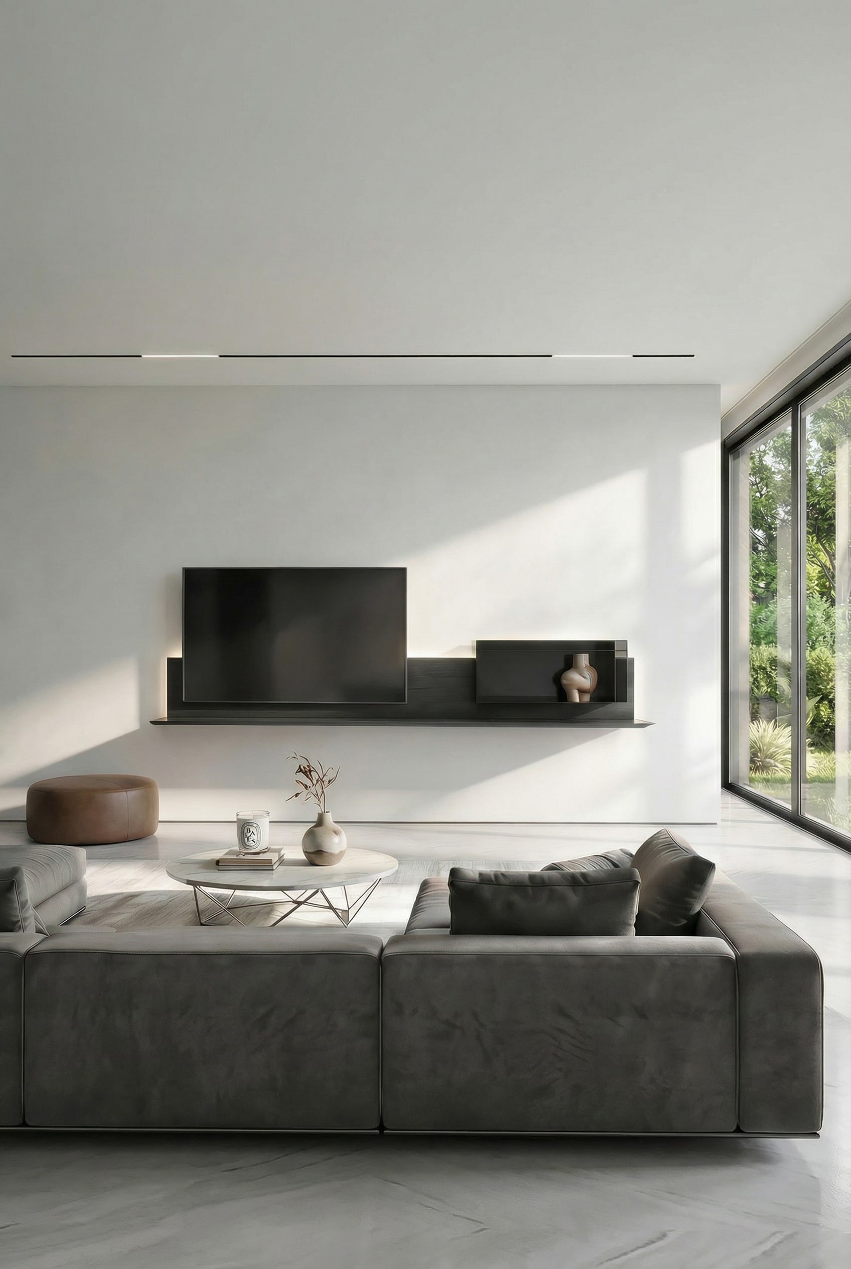 Volledig zwevend, minimalistisch tv-wandmeubel in de woonkamer Volledig zwevend, minimalistisch tv-wandmeubel in de woonkamer