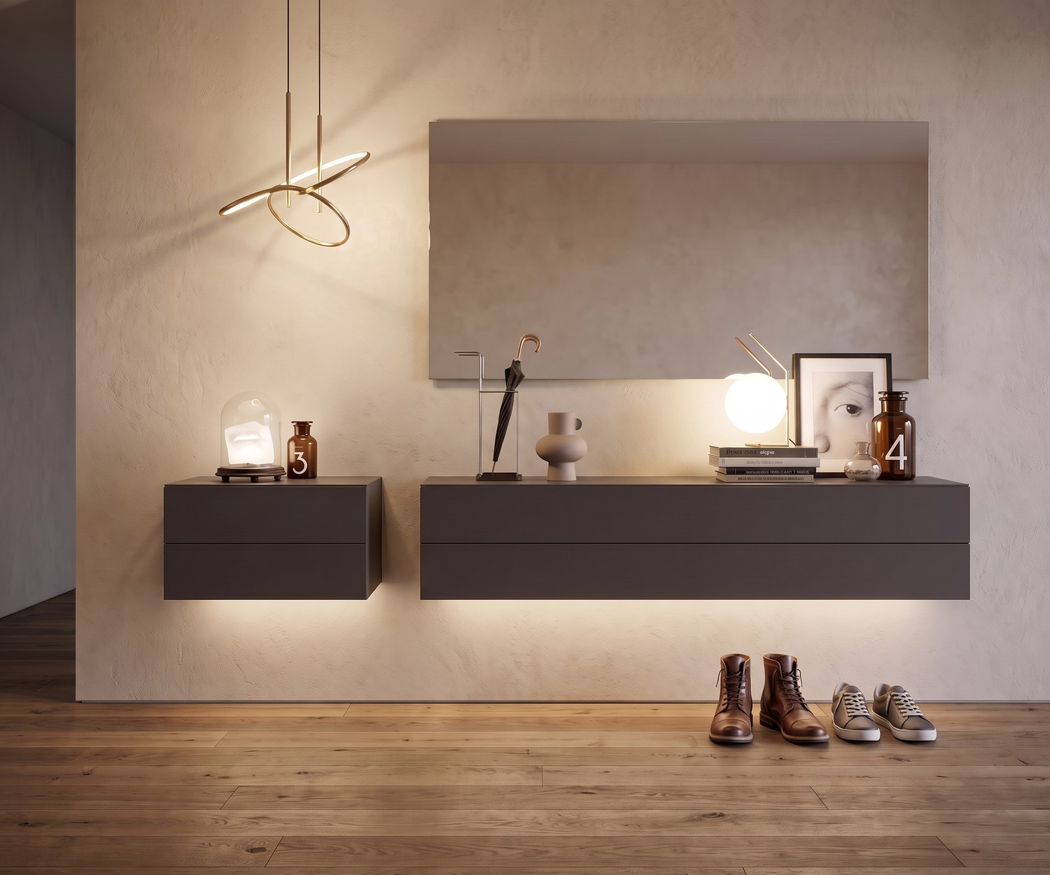 Novamobili Easy hangende ladekast met 2 laden Novamobili Easy hangende ladekast met 2 laden in de hal. Modern grijs zwevend dressoir in een minimalistische stijl.