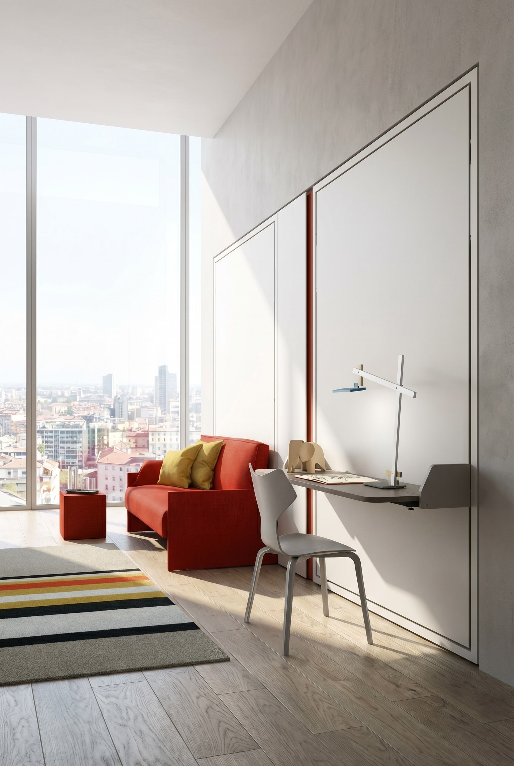 Een opgeruimd thuiskantoor in luxe stijl met een ruimtebesparend, opgeklapt eenpersoonsbed aan de muur. Een opgeruimd thuiskantoor in luxe stijl met een ruimtebesparend, opgeklapt eenpersoonsbed aan de muur.