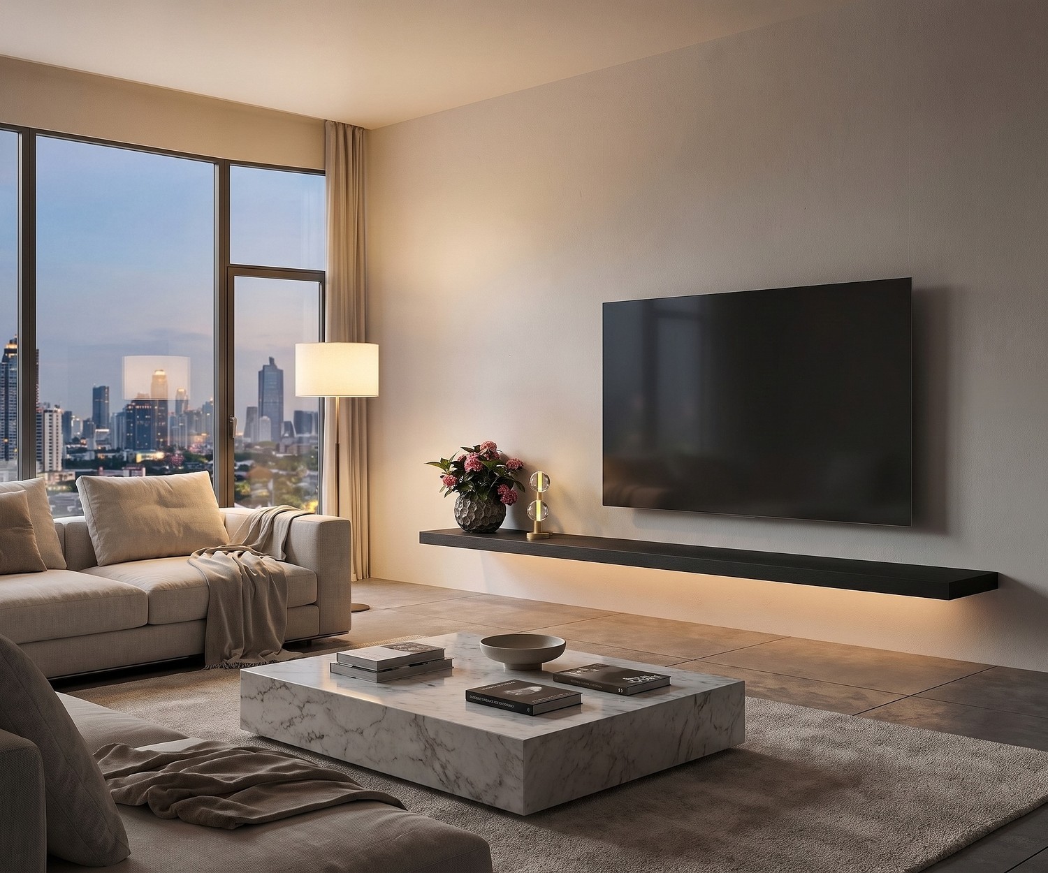 Livitalia TV wandplank als zwevend plateau onder de televisie in een moderne woonkamer met indirecte led-verlichting.