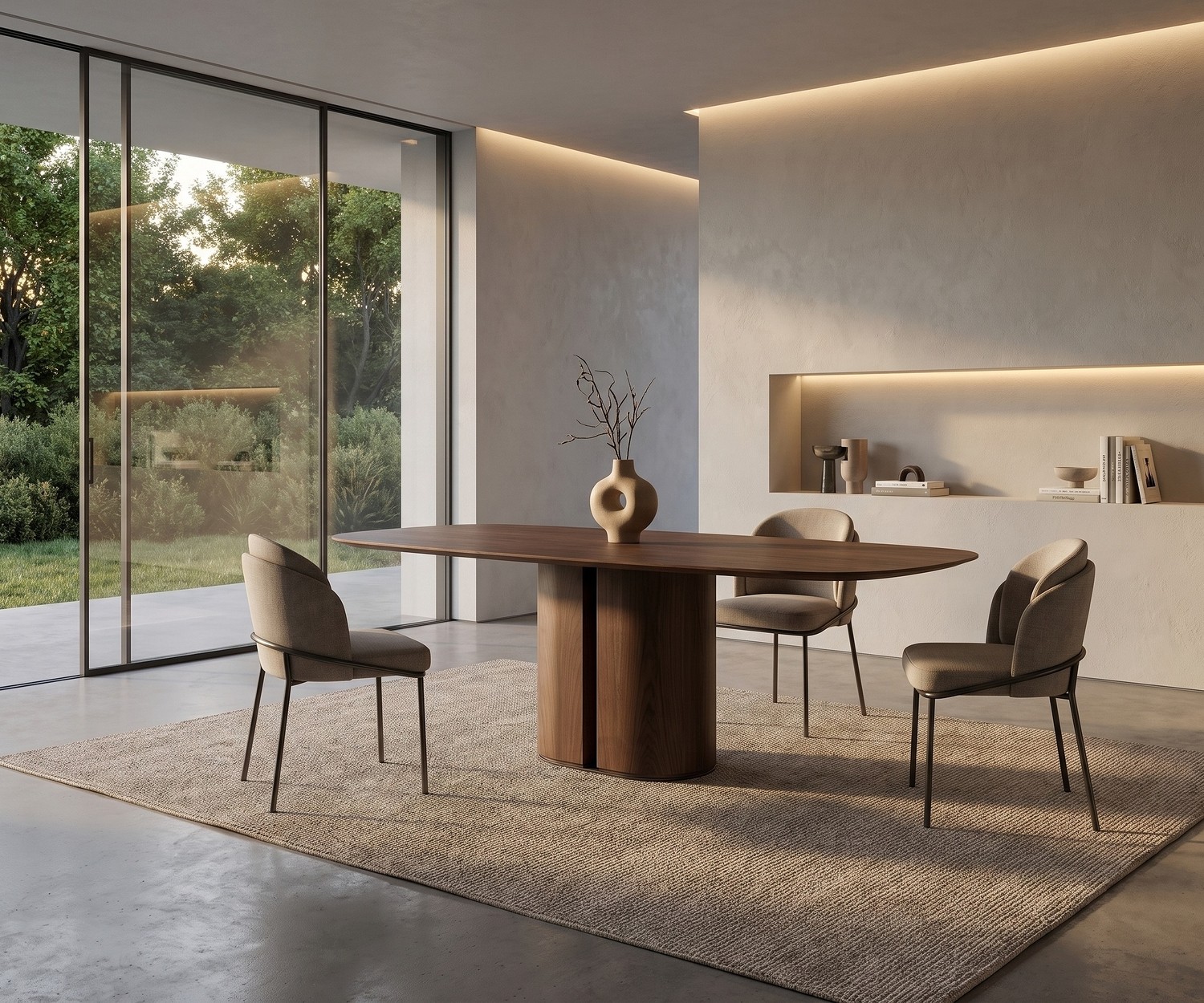 al2 el-it c 001 ovale houten eettafel al2 el-it c 001 houten eettafel in een minimalistische eetkamer met beigekleurige stoelen en tuinzicht.