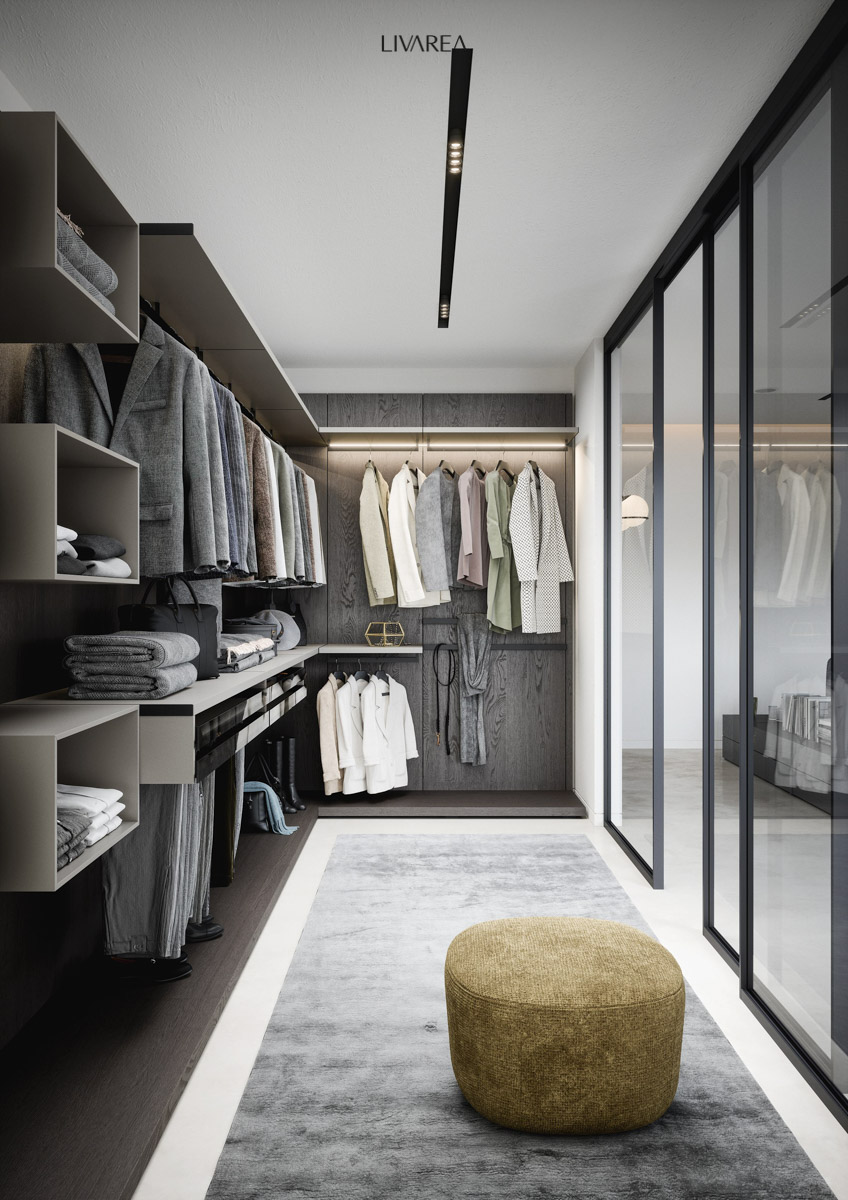 Luchtig kastontwerp voor een kleedkamer gescheiden door glazen deuren in donker eikenhout met een duidelijke nerfafwerking Luchtig kastontwerp voor een kleedkamer gescheiden door glazen deuren in donker eikenhout met een duidelijke nerfafwerking