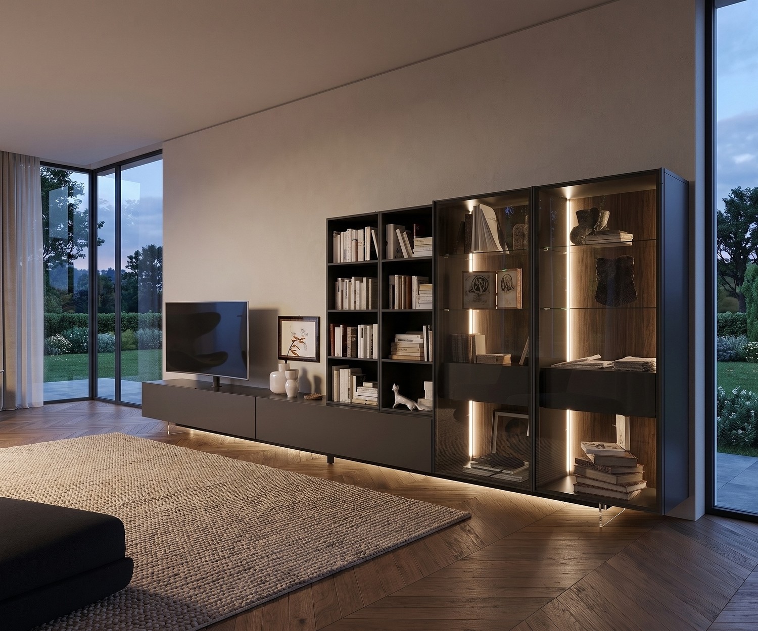 Livitalia Transparante TV-Onderbouw Livitalia transparante tv-onderbouw onder donker lowboard in de woonkamer voor een zwevend effect met ledverlichting.