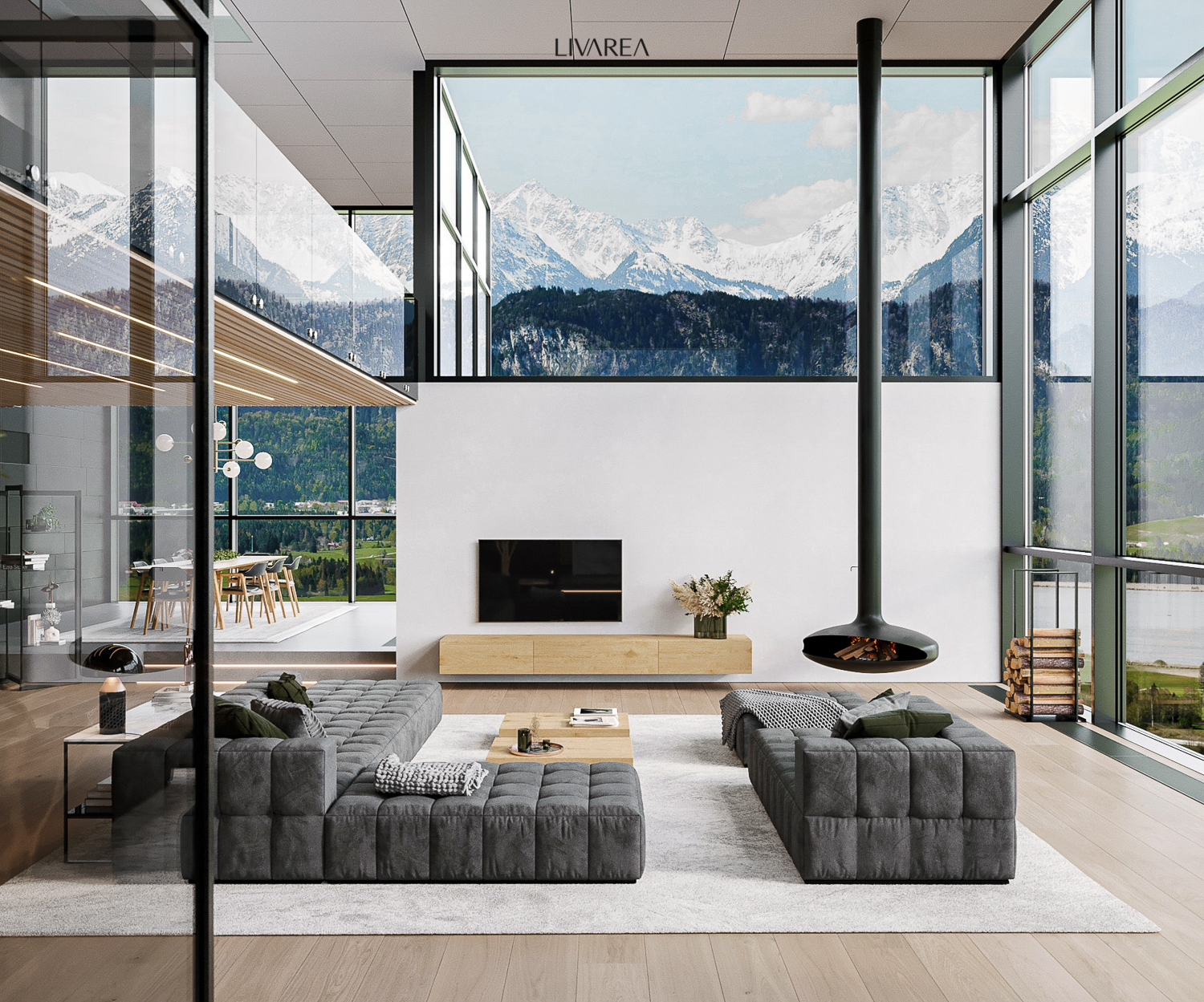 Luxe villa met open woonruimte en open eetruimte met eettafel lowboard grote bank console en salontafels Luxe villa met open woonruimte en open eetruimte met eettafel lowboard grote bank console en salontafels