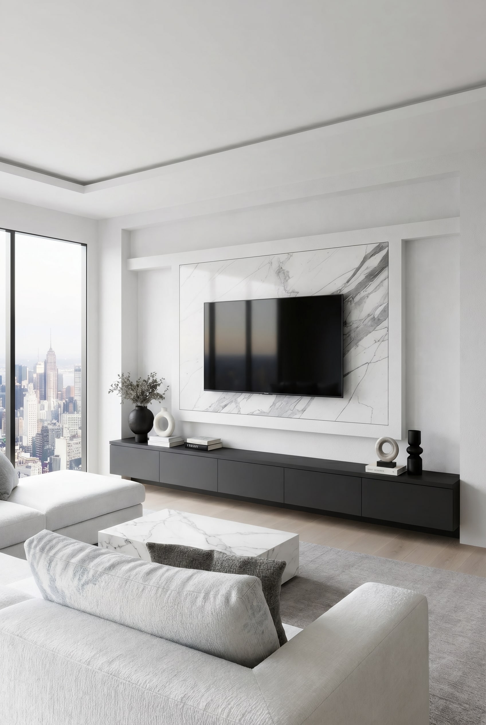 Architektonisch maßgeschneiderte weiße Wohnwand, die perfekt in eine Wohnzimmernische integriert ist Architektonisch maßgeschneiderte weiße Wohnwand, die perfekt in eine Wohnzimmernische integriert ist