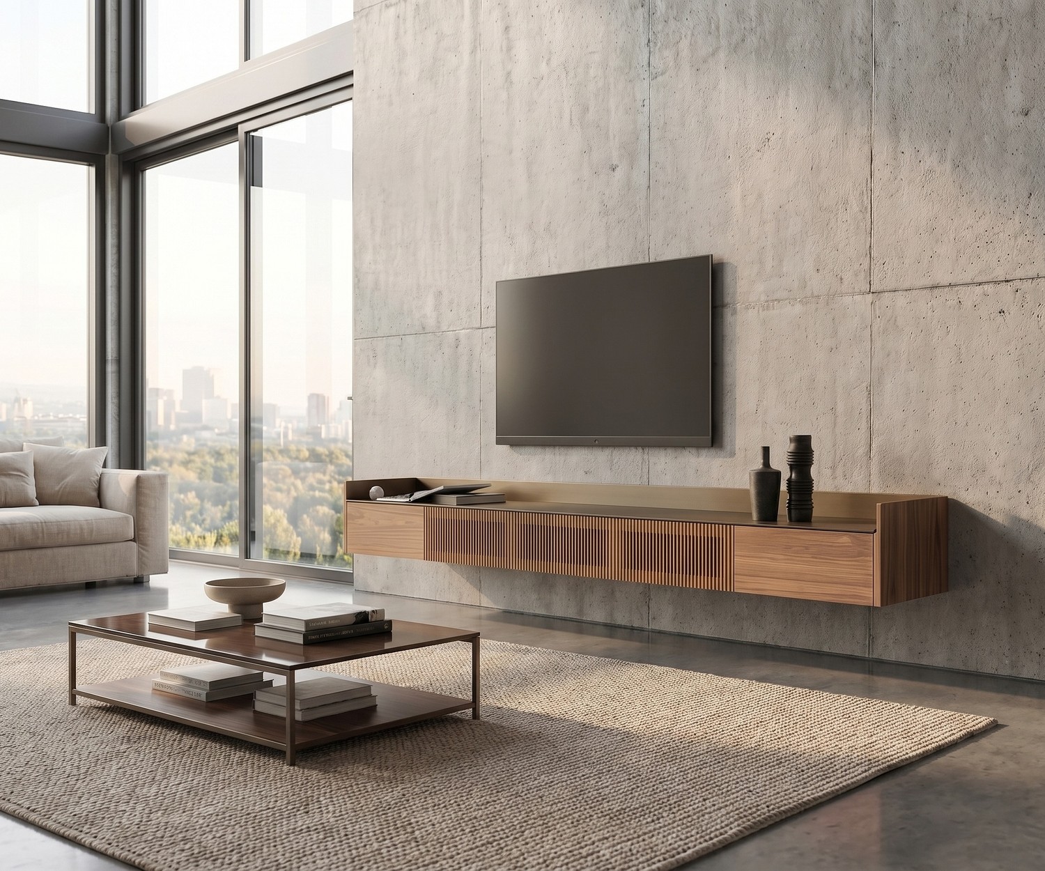 Punt Stockholm Slim zwevend tv-meubel van hout met gouden top in een modern interieur.