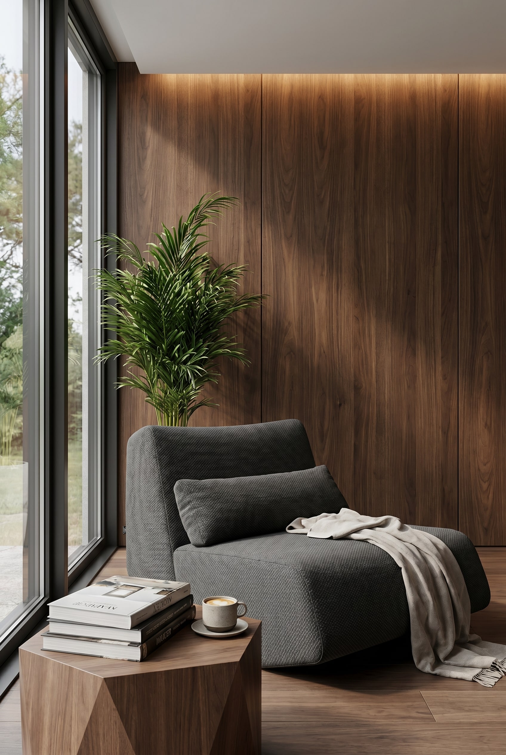 Gem&uuml;tliche Leseecke im Wohnzimmer mit dunklen Holzpaneelen und einem dunkelgrauen flie&szlig;end geformten Lounge-Sessel