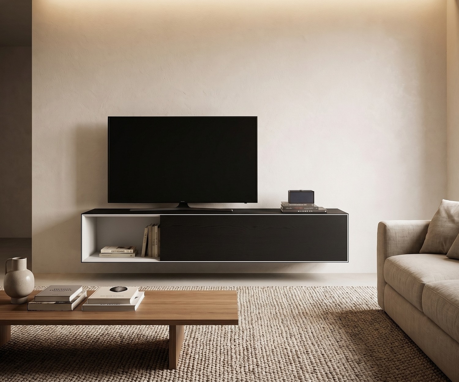 Livitalia Minimal zwevend tv-meubel in een moderne woonkamer: donkerhouten lowboard met open vak en klepdeur.