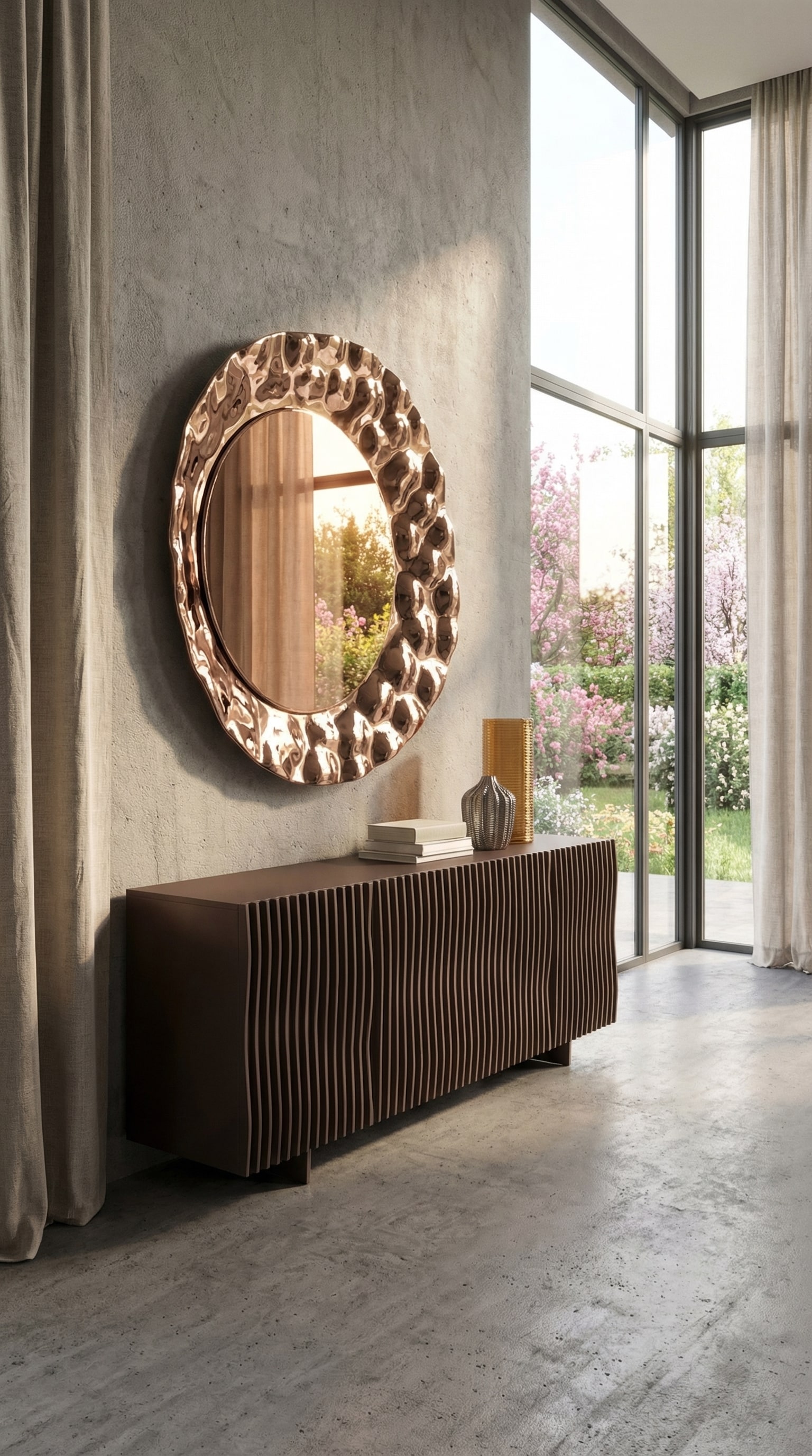 Woonkamer met een bruin dressoir, waarvan de voorkant uit organische golven bestaat, in het warme lentelicht.