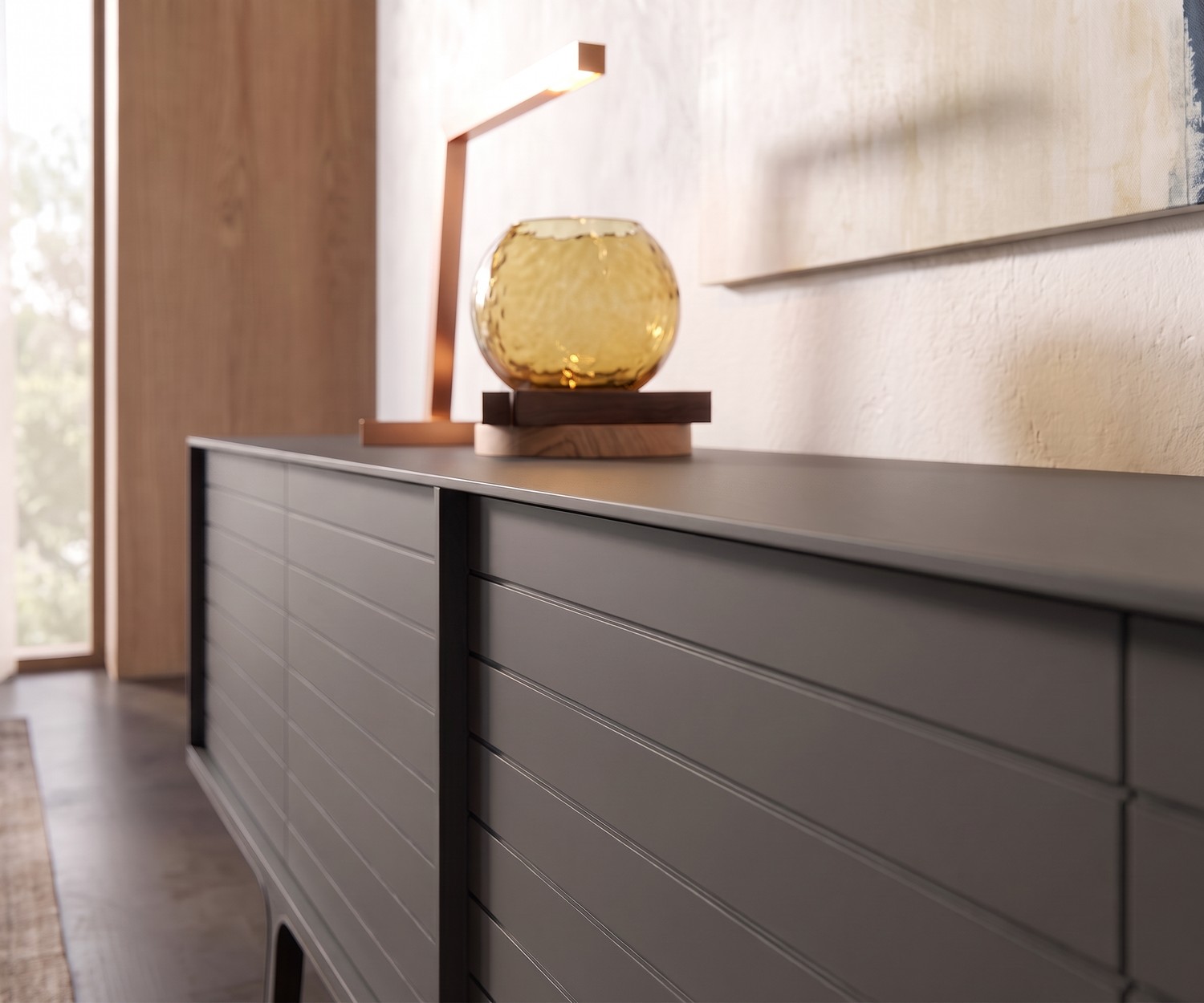 al2 Mobius 002 design dressoir in donkergrijs al2 Mobius 002 dressoir voor de woonkamer in mat donkergrijs met houten poten, minimalistisch modern interieur.