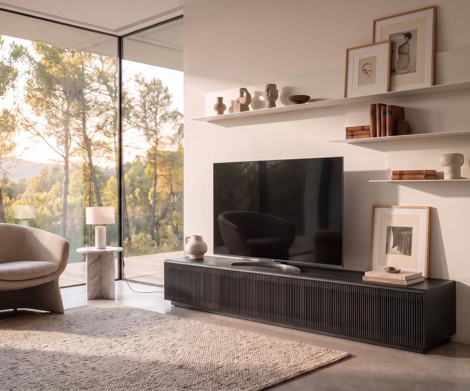 Punt Malmö houten TV-lowboard met lattenstructuur Punt Malmö TV-lowboard van walnoot met lattenfront in een modern interieur met grote ramen en wand-TV.