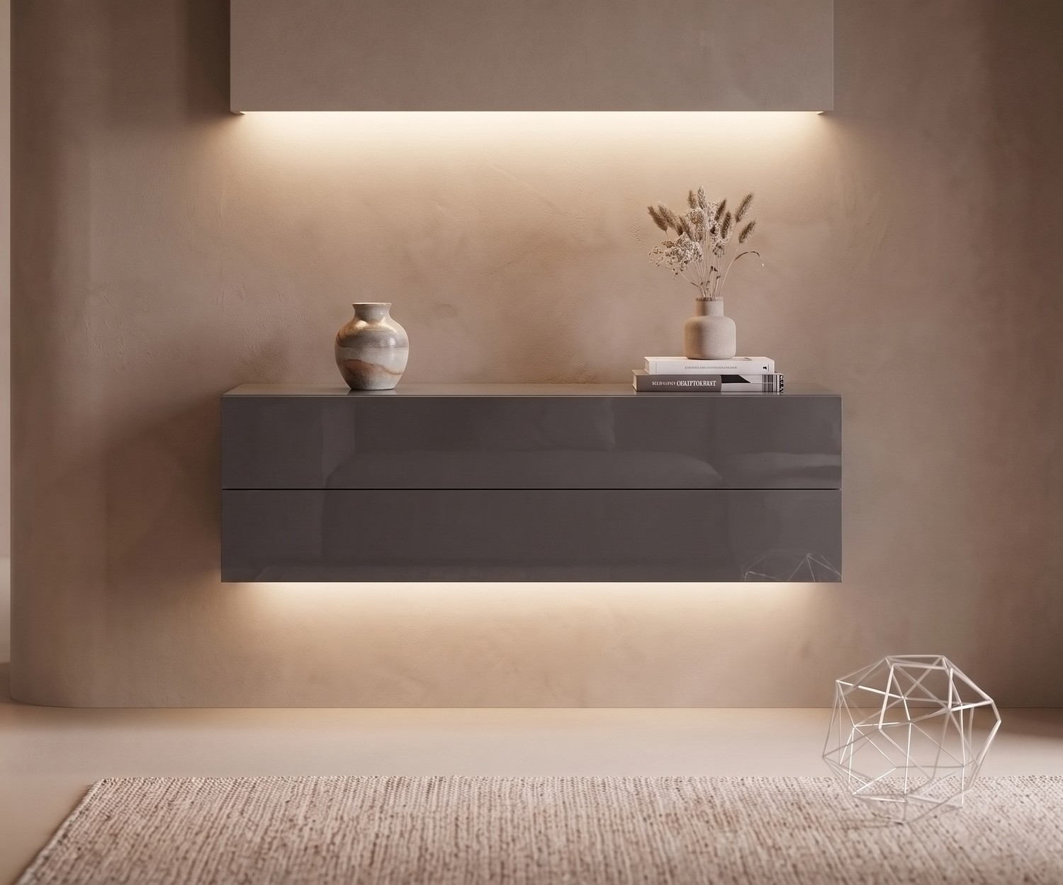 Novamobili Easy zwevende commode met LED Novamobili Easy zwevende commode. Hangend dressoir voor de woonkamer in kwartsgrijs met warme LED-verlichting.