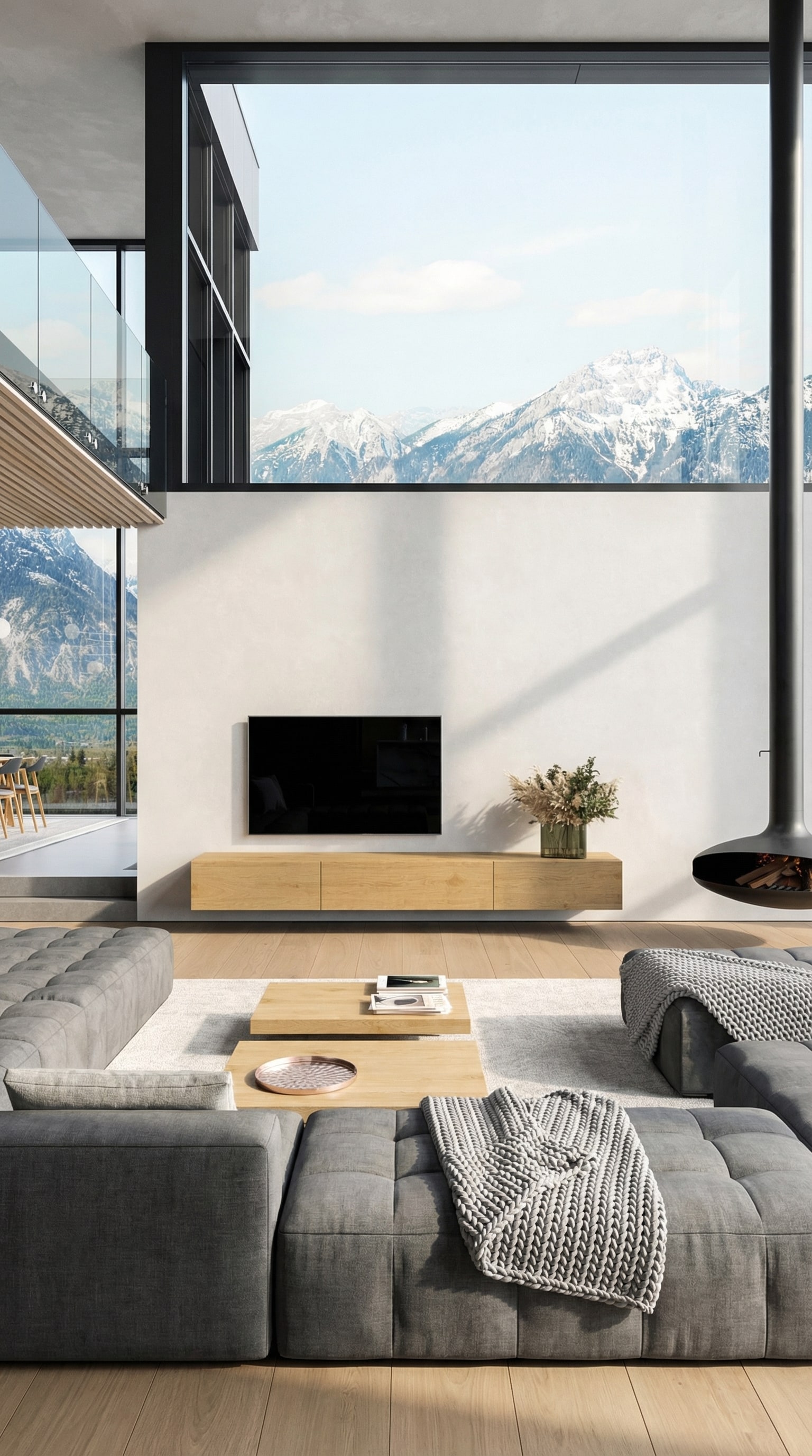 Ein schwebendes Lowboard aus warmem Eichenholz in einem modernen Raum Ein schwebendes Lowboard aus warmem Eichenholz in einem modernen Raum