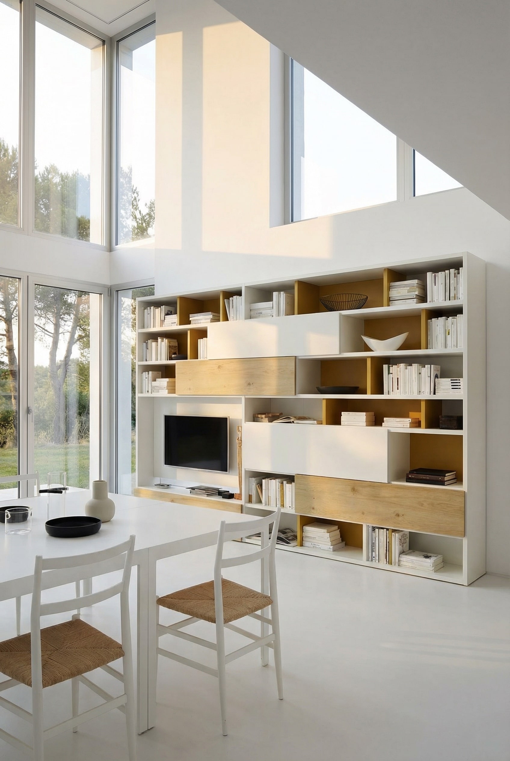 Moderne woonkamer met asymmetrische Livitalia Boekenkast C51, gedecoreerd met horizontale boeken en kunst. Moderne woonkamer met asymmetrische Livitalia Boekenkast C51, gedecoreerd met horizontale boeken en kunst.