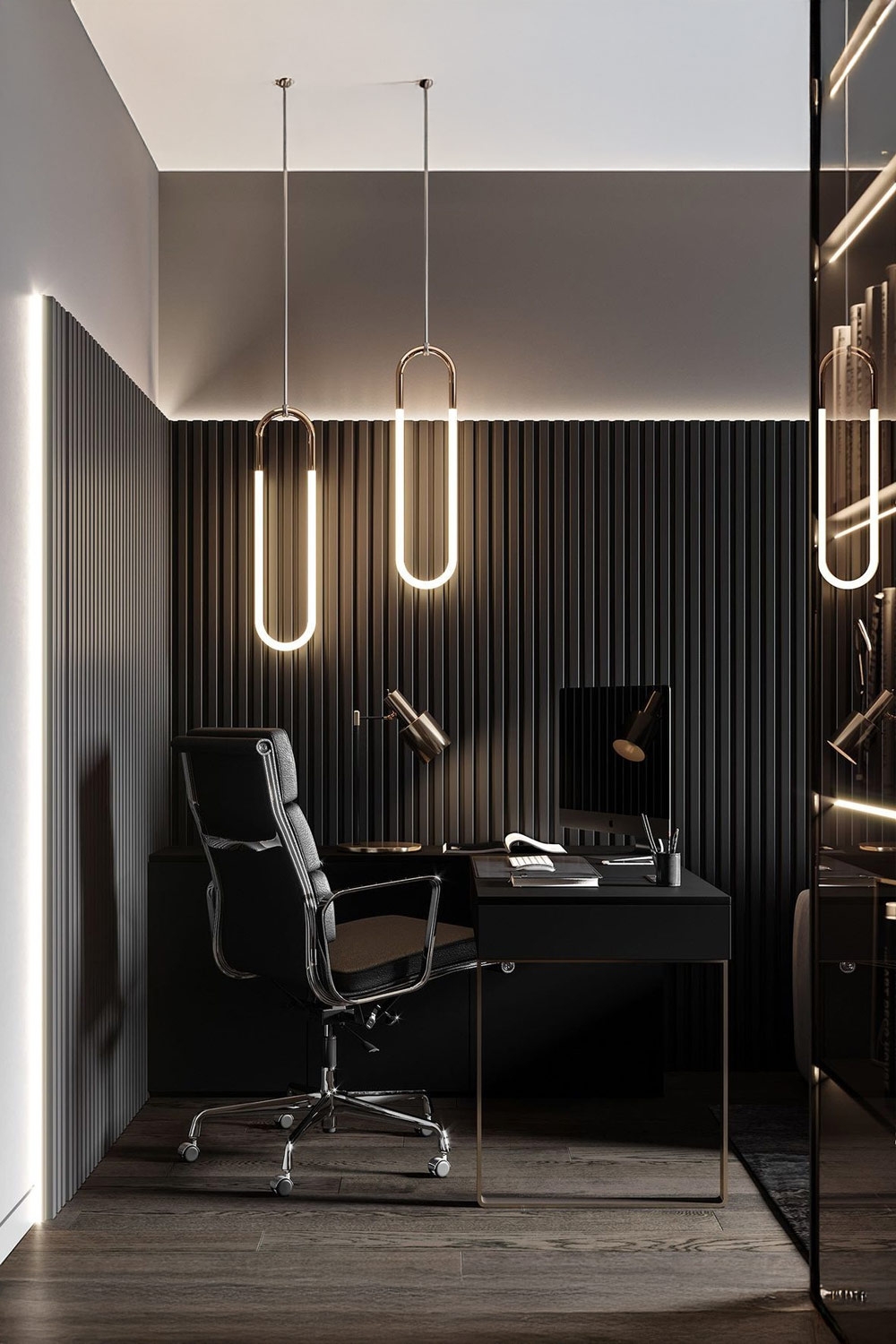 moderne-werkplek-met-designer-bureaustoel-en-bureau-onder-futuristische-verlichting