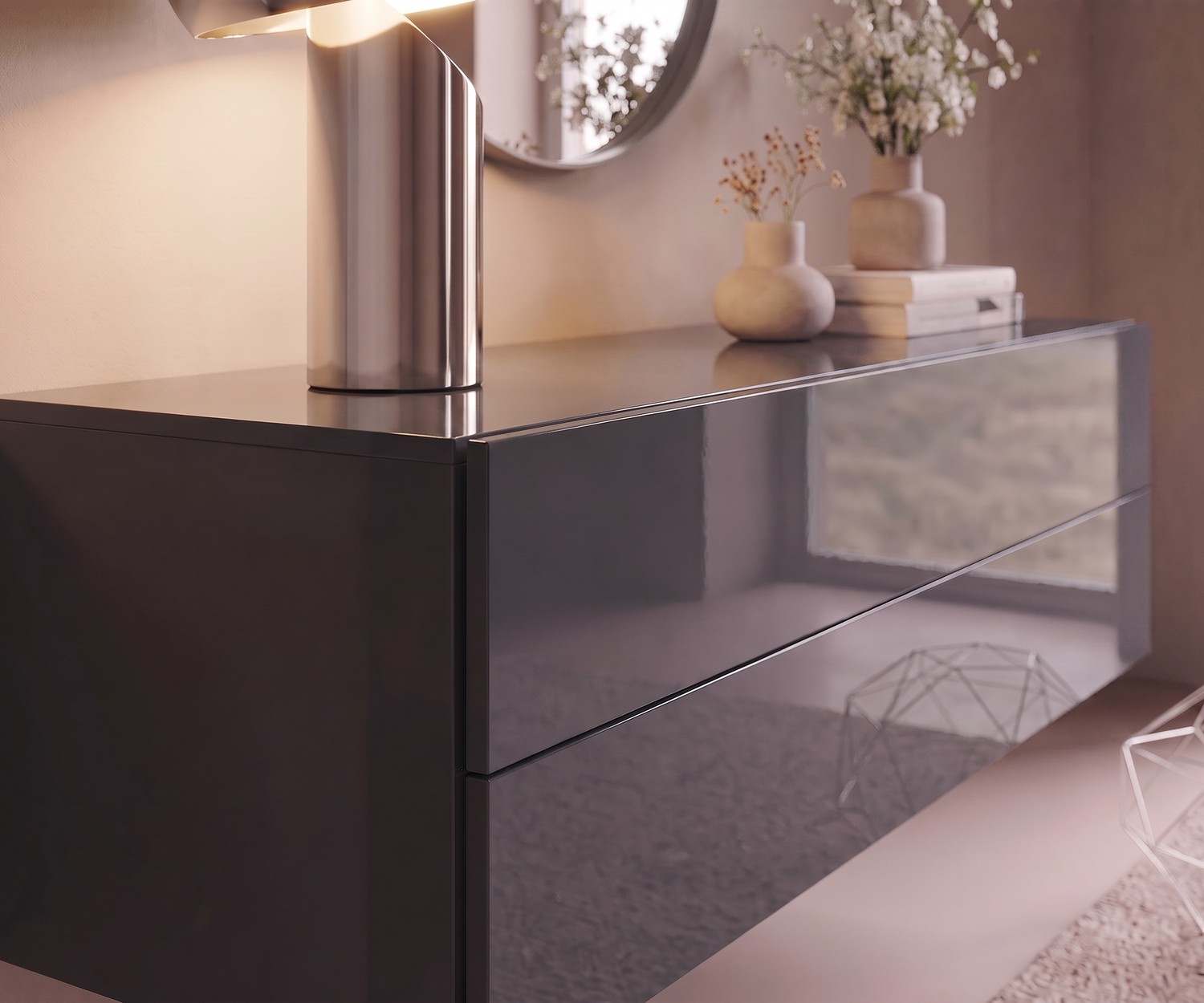 Hangend dressoir Easy van Novamobili voor de hal, in hoogglans kwarts, minimalistisch en modern Italiaans design.