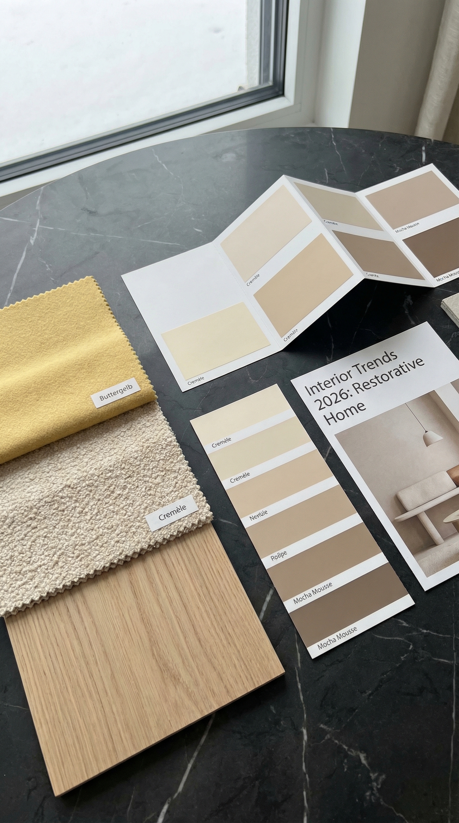 Moodboard met stofstalen in botergeel, boucl&eacute; en licht hout