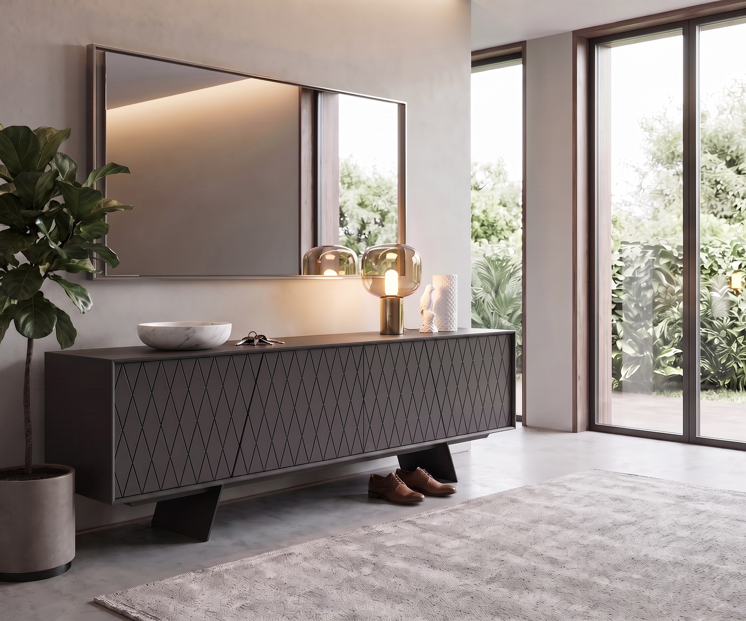 al2 e-klipse 003 design dressoir met ruitpatroon al2 e-klipse 003 design dressoir als halkast in donkergrijs met ruitpatroon in een moderne, minimalistische entree.