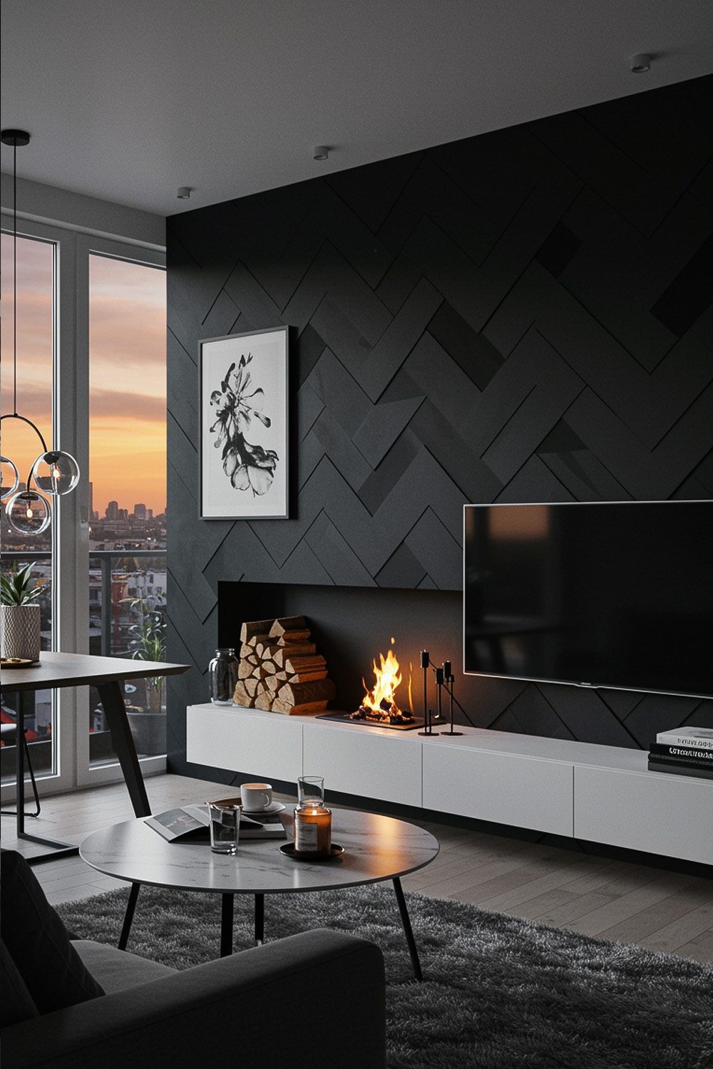 donkergrijs-visgraat-wandpaneel-met-zwart-wit-afbeelding-voor-dubbele-decoratie