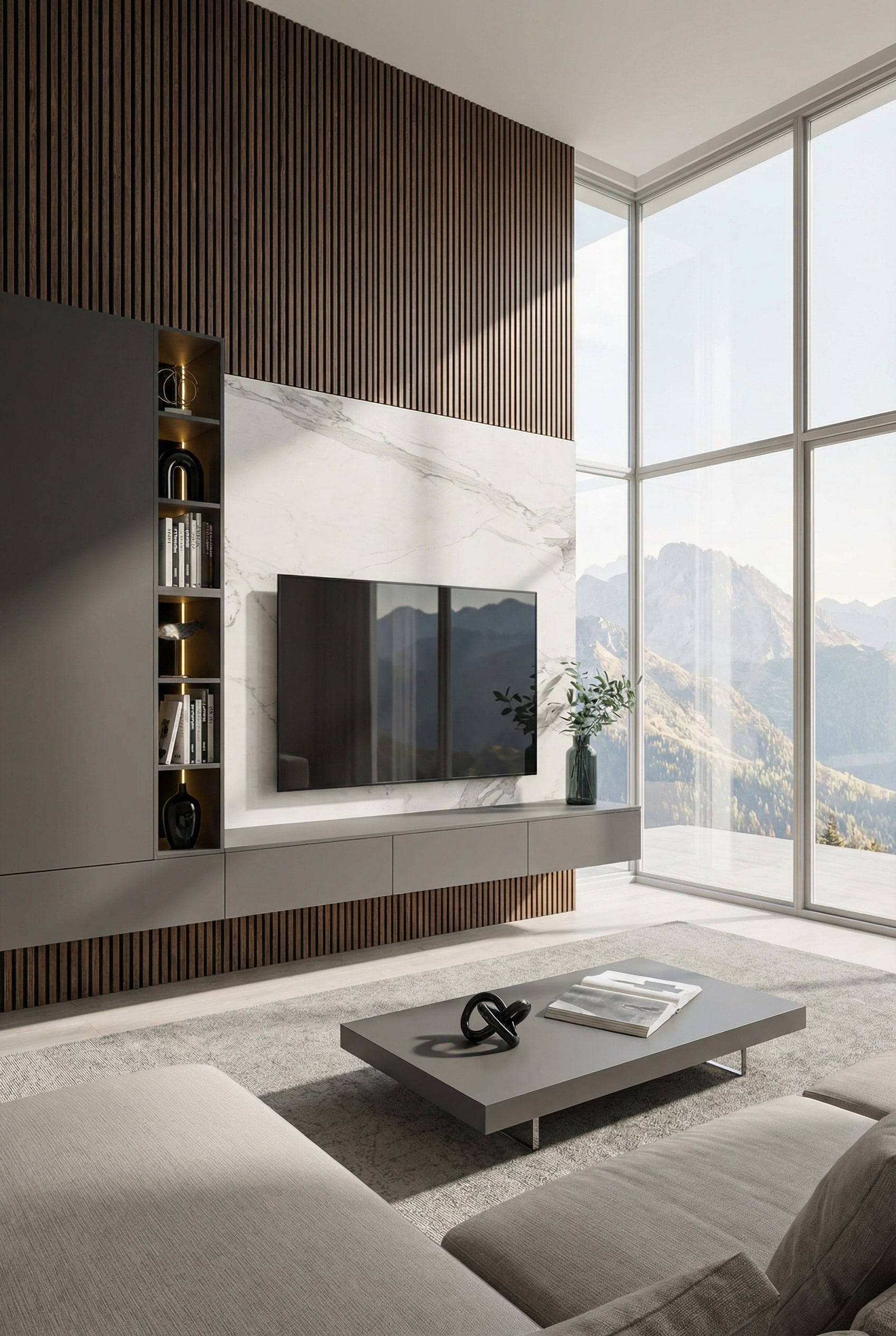 Luxe woonwand met keramische fronten in marmerlook en houten lamellen