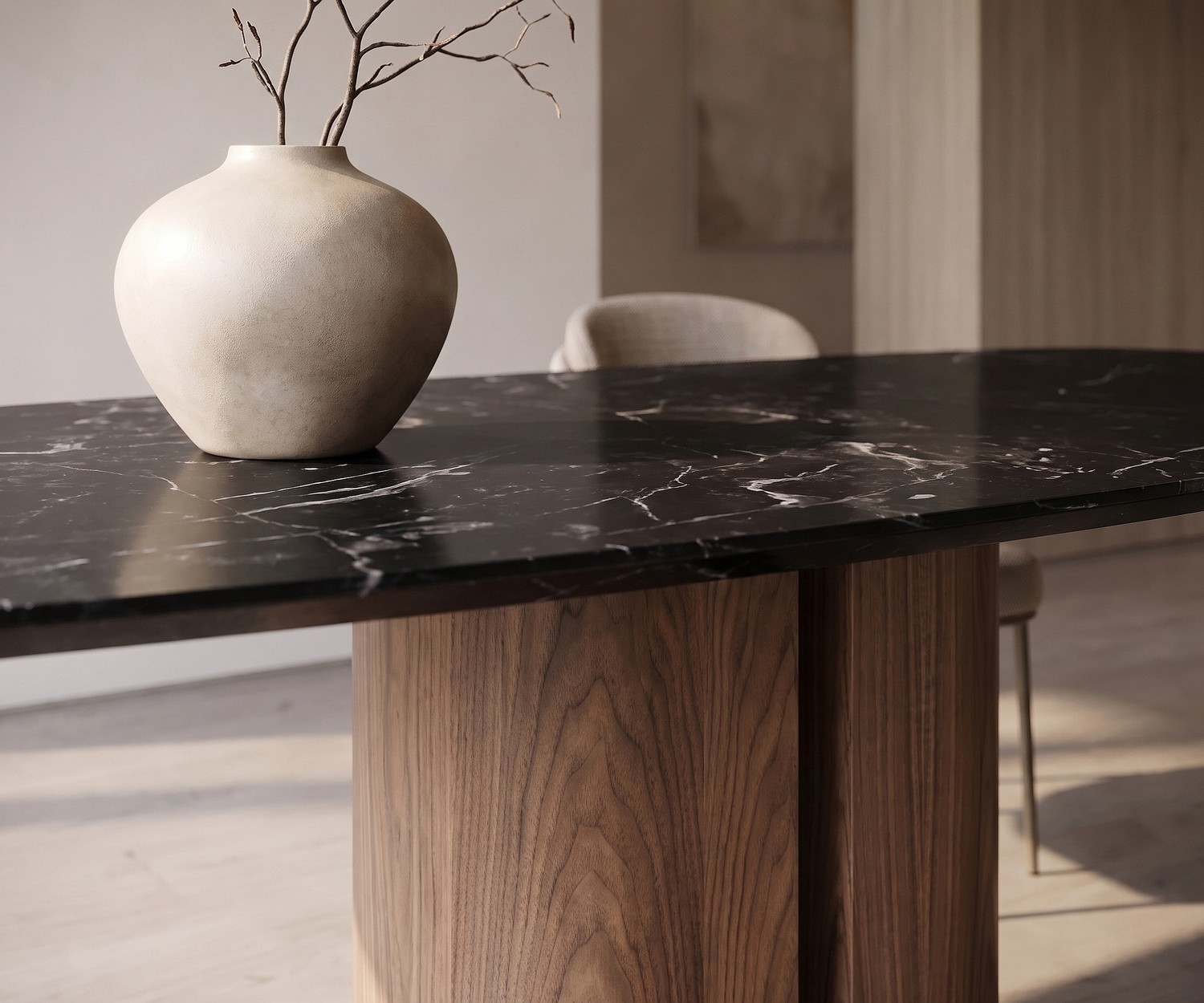 al2 el-it c 001 eettafel voor de eetkamer met zwart marmeren keramisch blad en houten voet in minimalistische stijl.