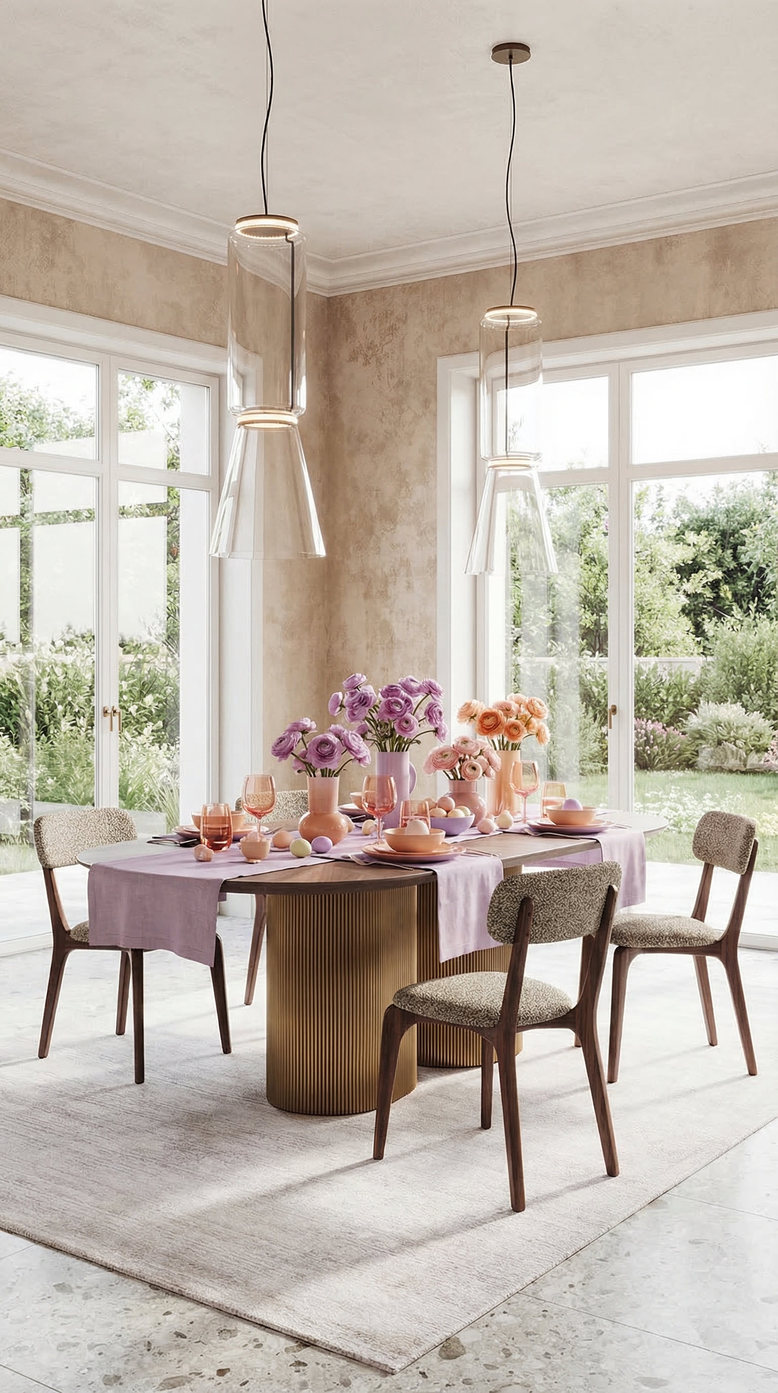 Een modern gedekte eettafel in de pastelkleuren lila en perzik met getinte glazen. Een modern gedekte eettafel in de pastelkleuren lila en perzik met getinte glazen.