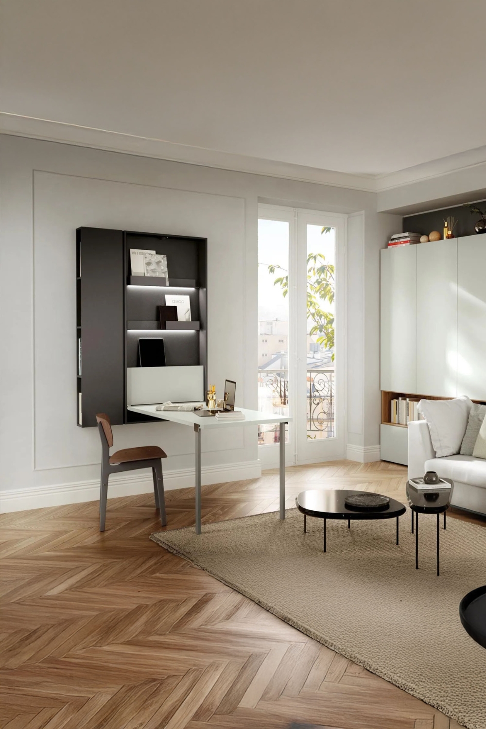woonkamer-met-verborgen-werkplek-door-wandklaptafel-met-opbergruimte