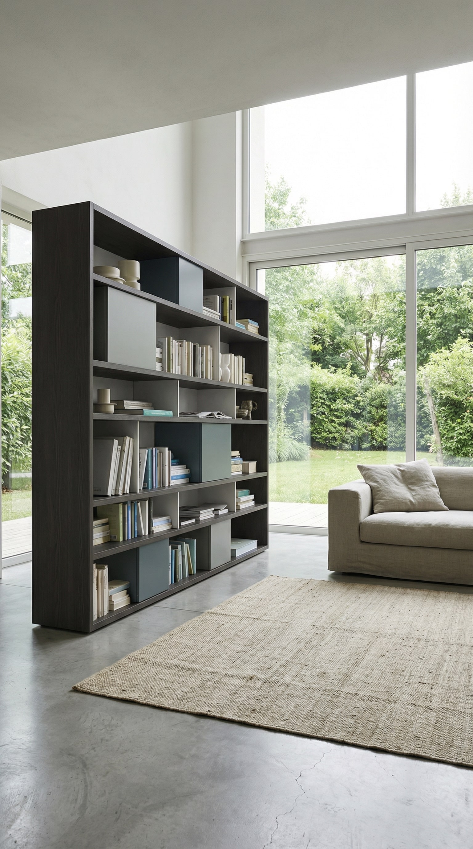 Filigraan houten boekenrek in een moderne woonkamer met grote ramen