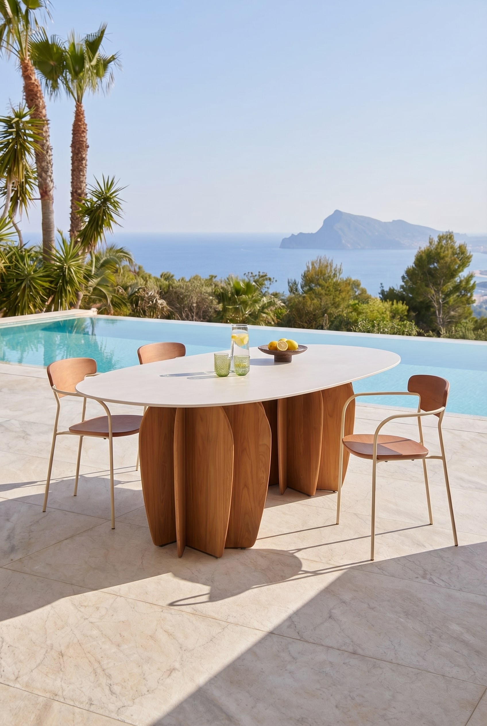 Grote Outdoor Eettafel met sculpturale houten poten op een zonnig terras Grote Outdoor Eettafel met sculpturale houten poten op een zonnig terras