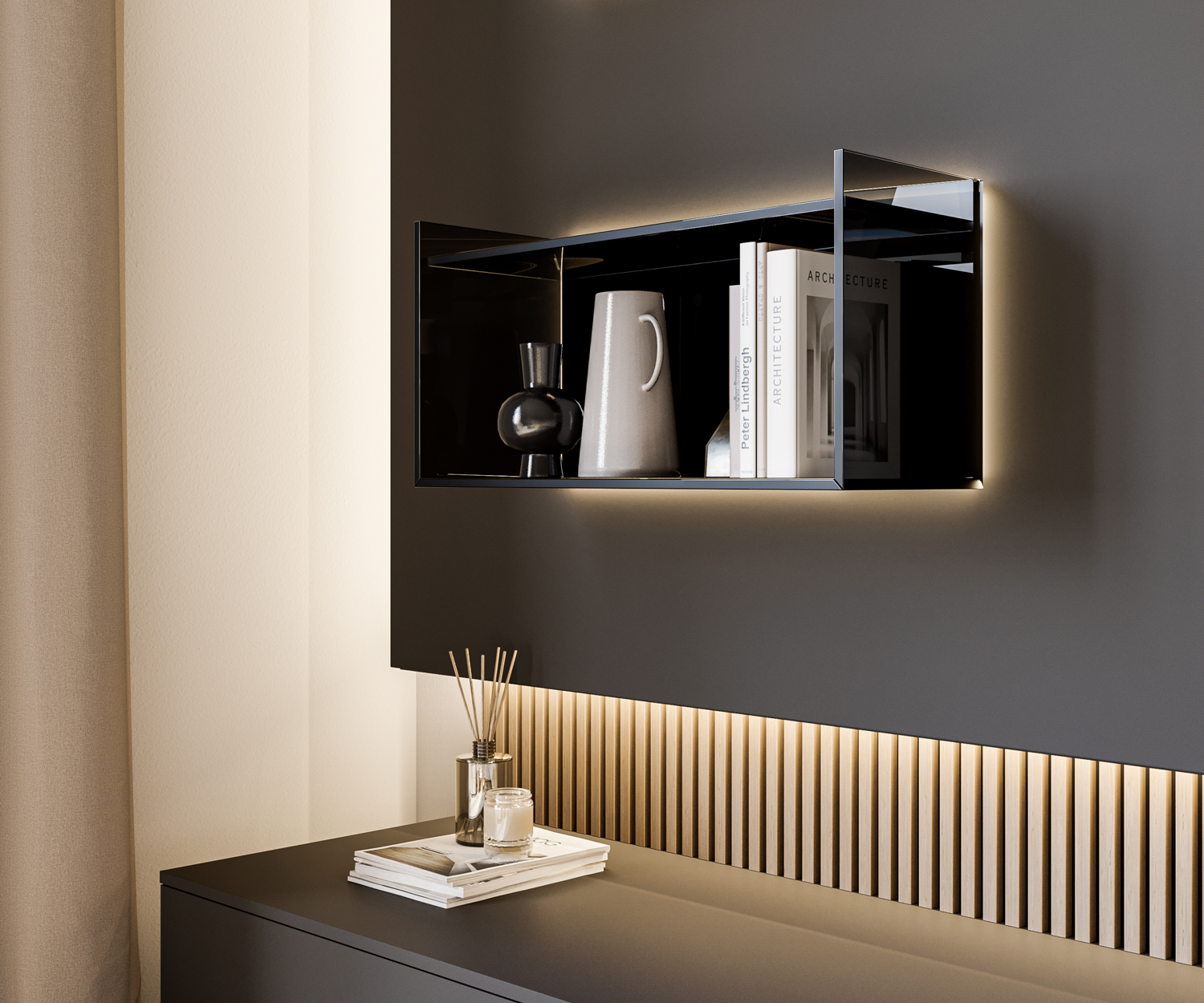 Moderne Livitalia Designer glazen wandplank met LED-verlichting Moderne Livitalia Designer glazen wandplank met LED-verlichting