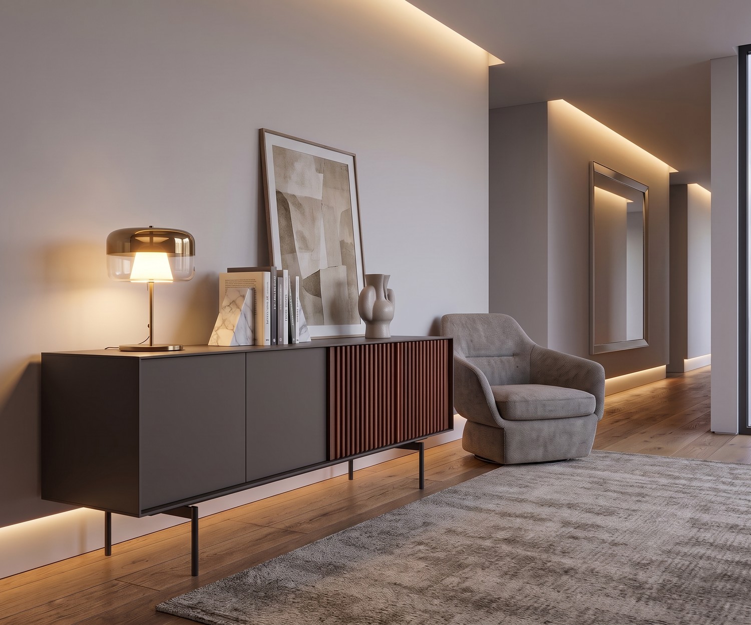 Design dressoir walnoot donkergrijs mat gelakt Deuren met push-pull technologie